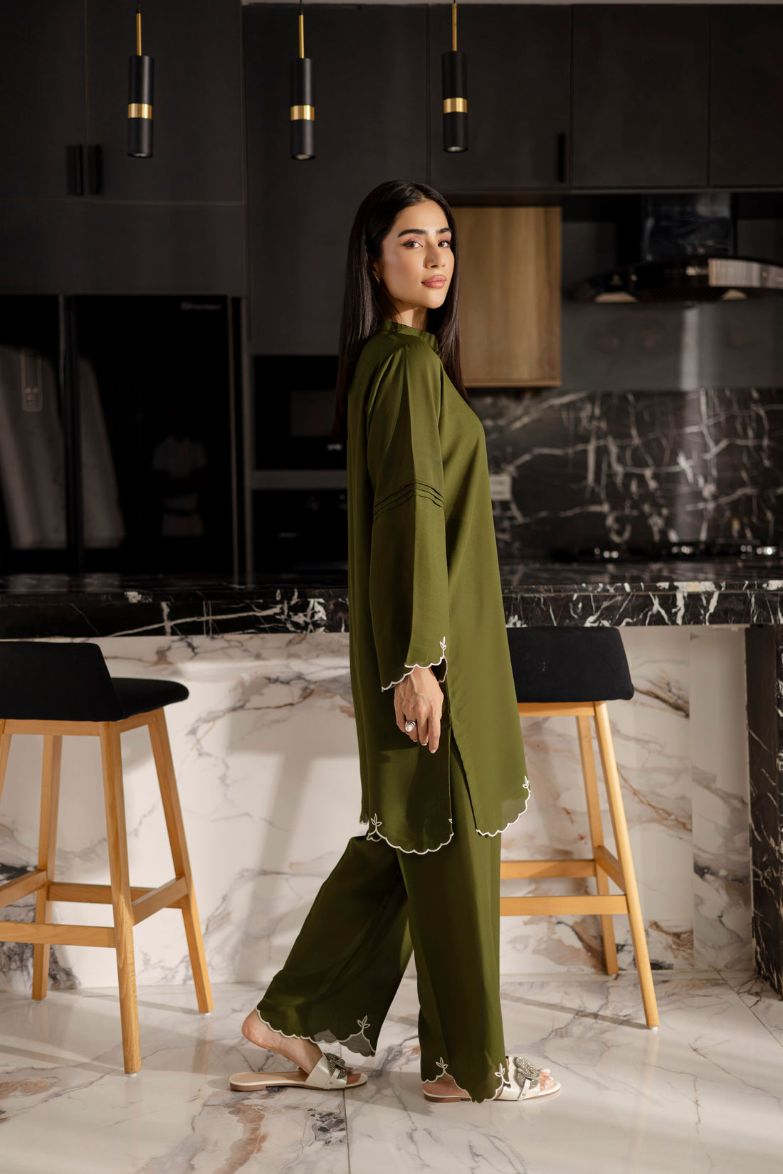 Embroidered Solid 2PC Dress - SP-04 Olive Green