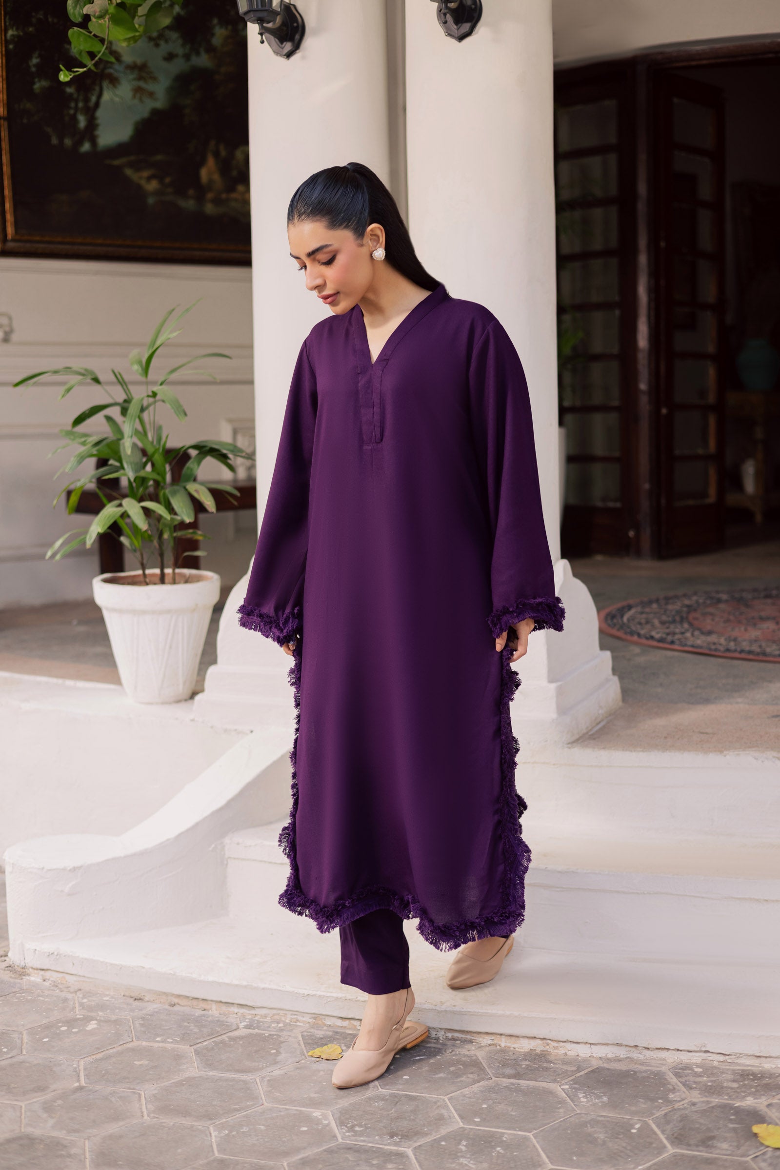 Solid Lace Work Dress-Dark Purple