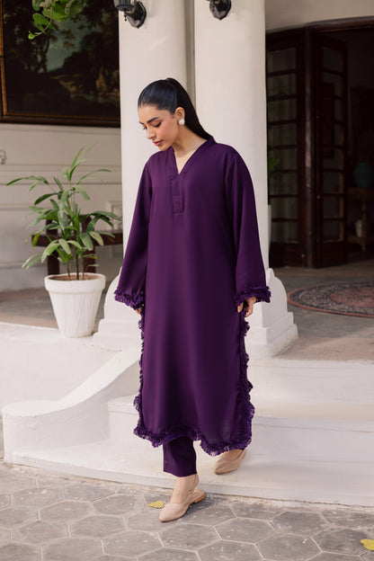 Solid Lace Work Dress-Dark Purple