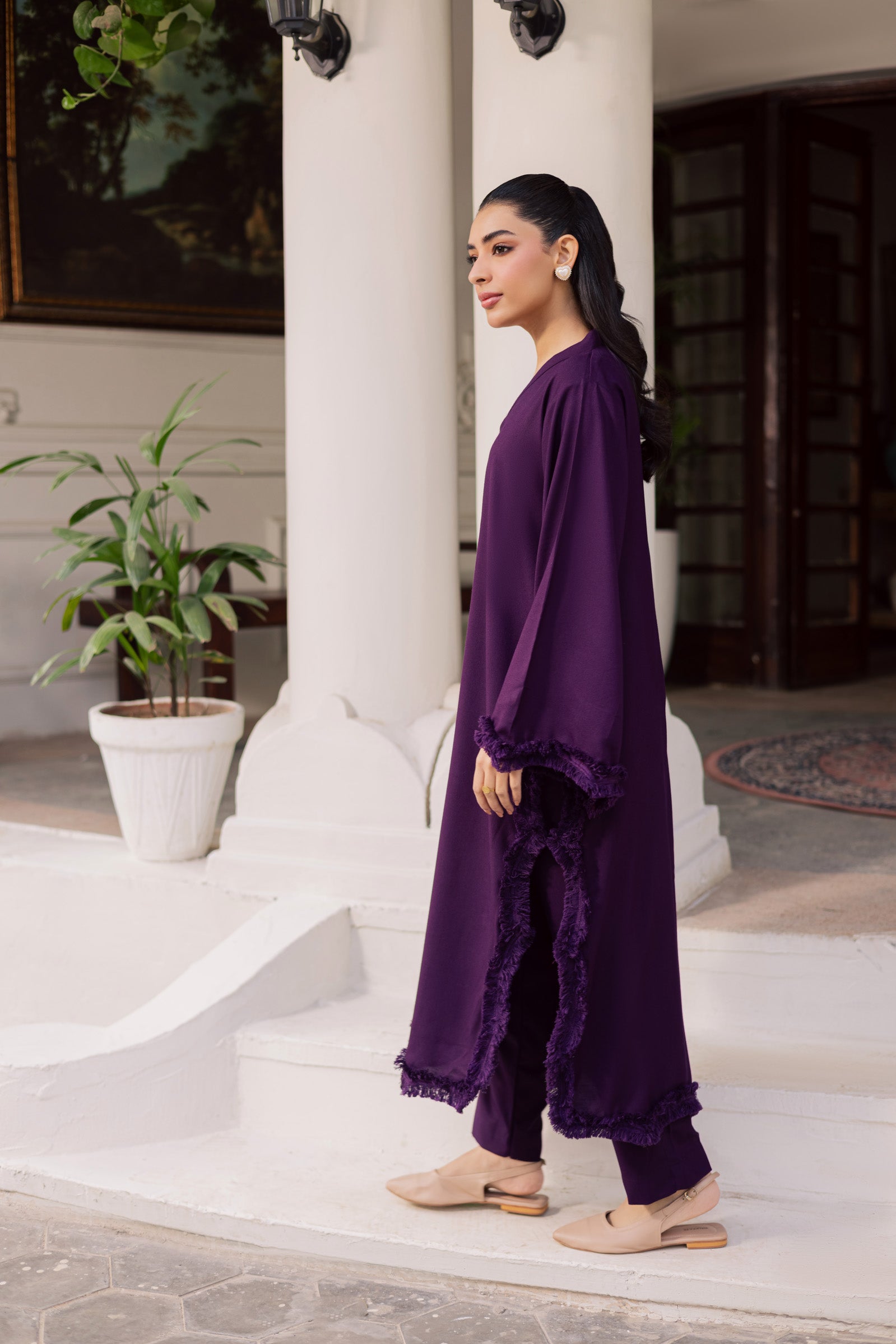 Solid Lace Work Dress-Dark Purple