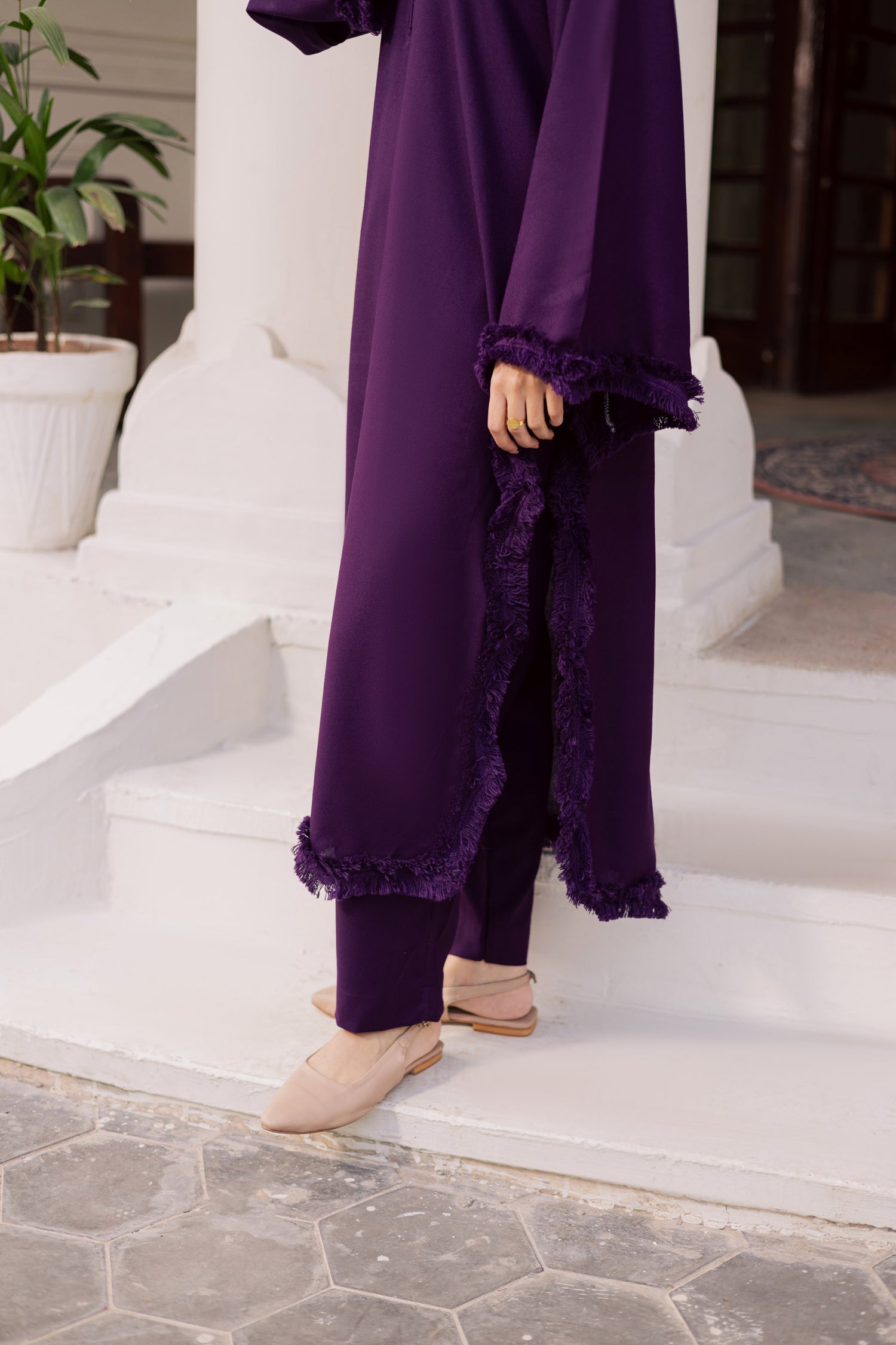 Solid Lace Work Dress-Dark Purple