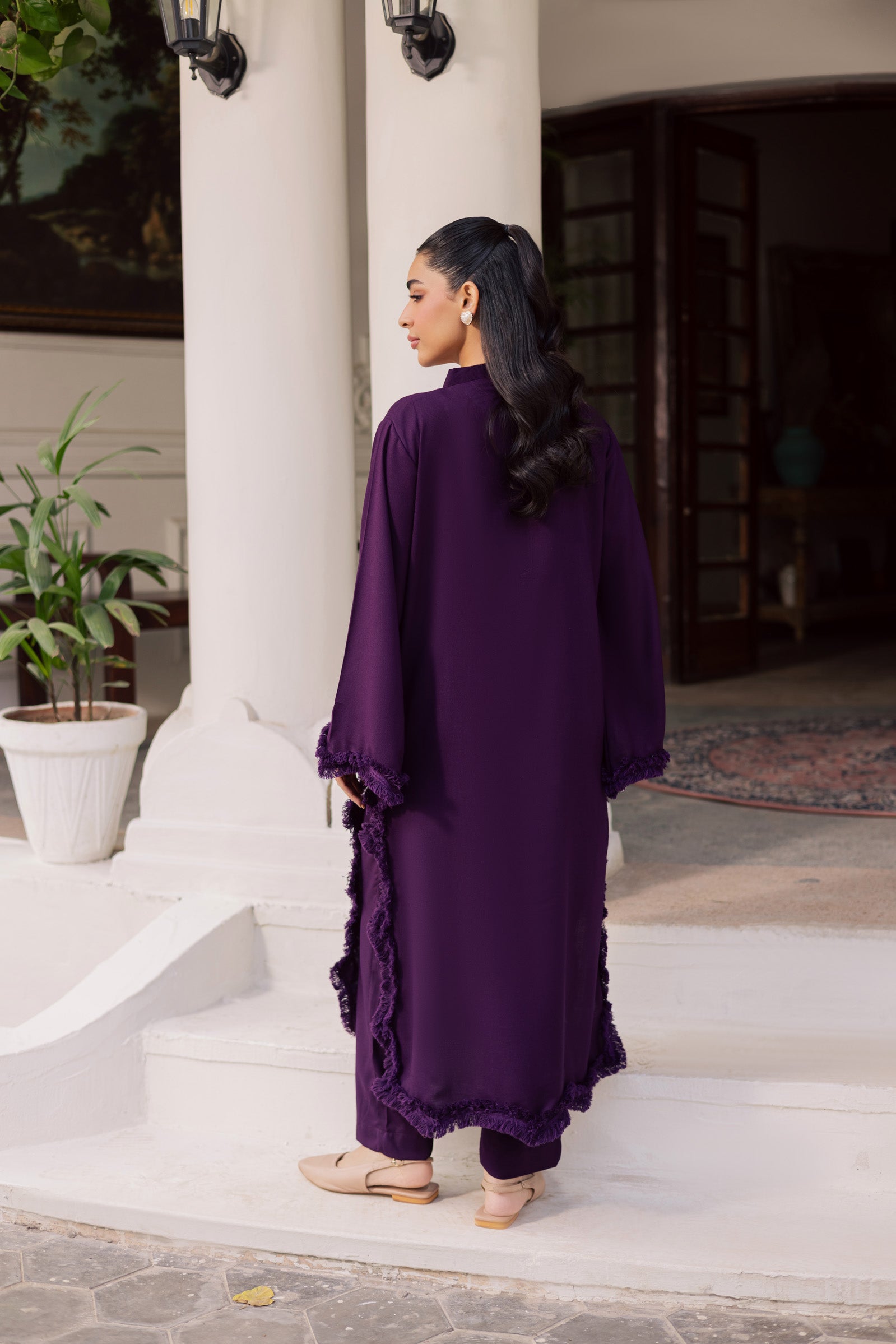 Solid Lace Work Dress-Dark Purple