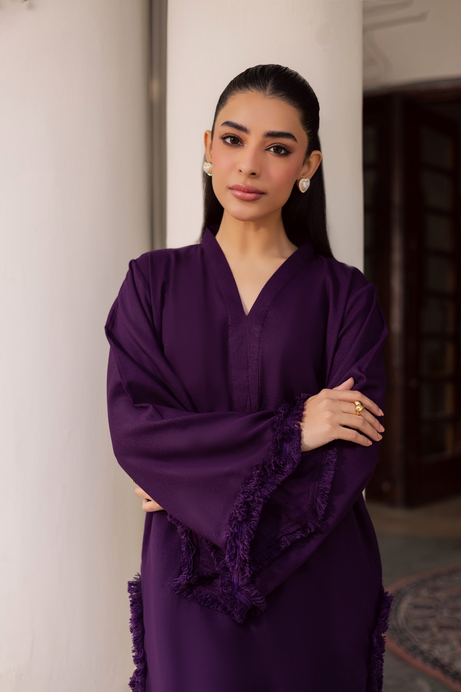dark purple work dress Solid Lace Work Dress-Dark Purple Silayi Pret