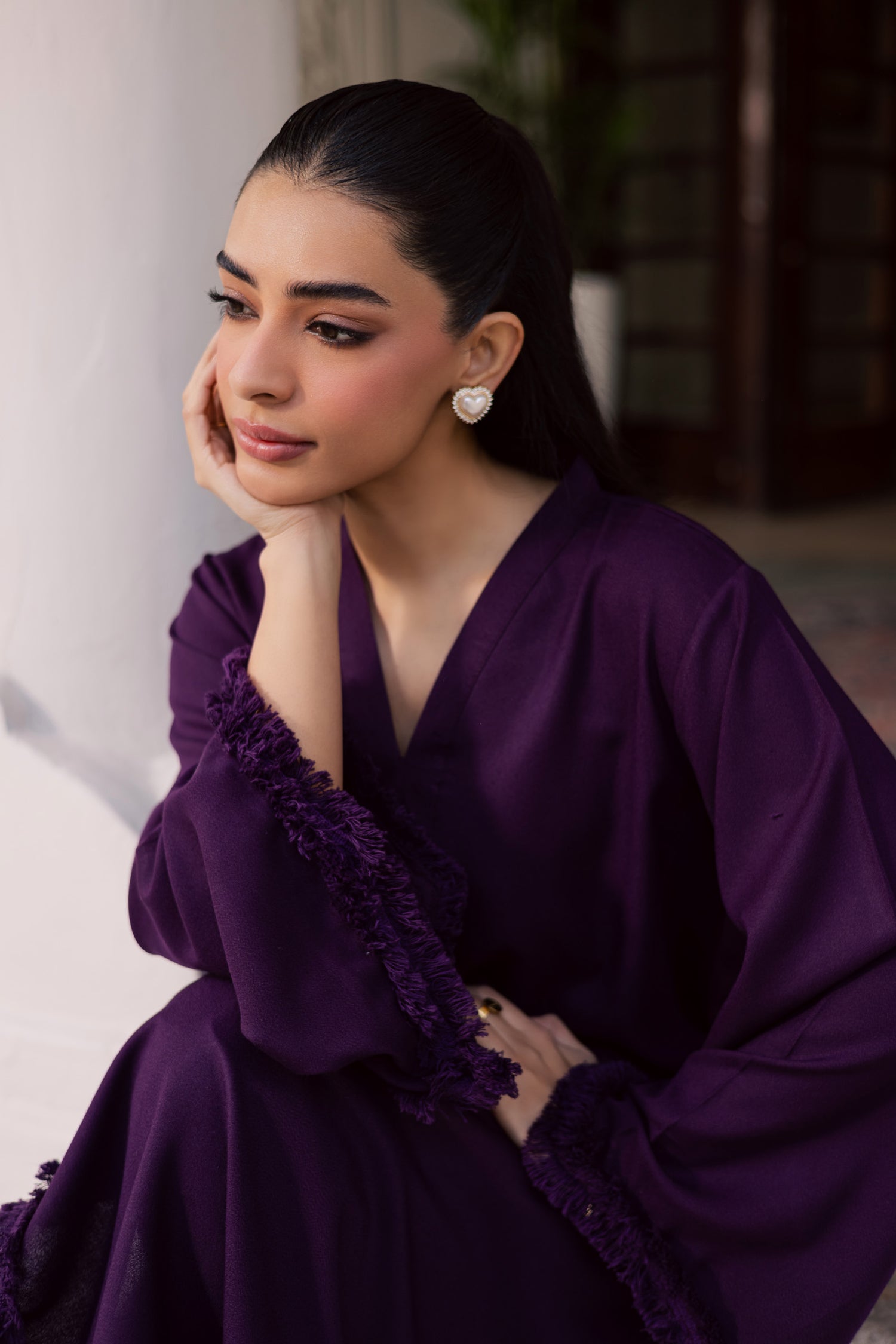 Solid Lace Work Dress-Dark Purple