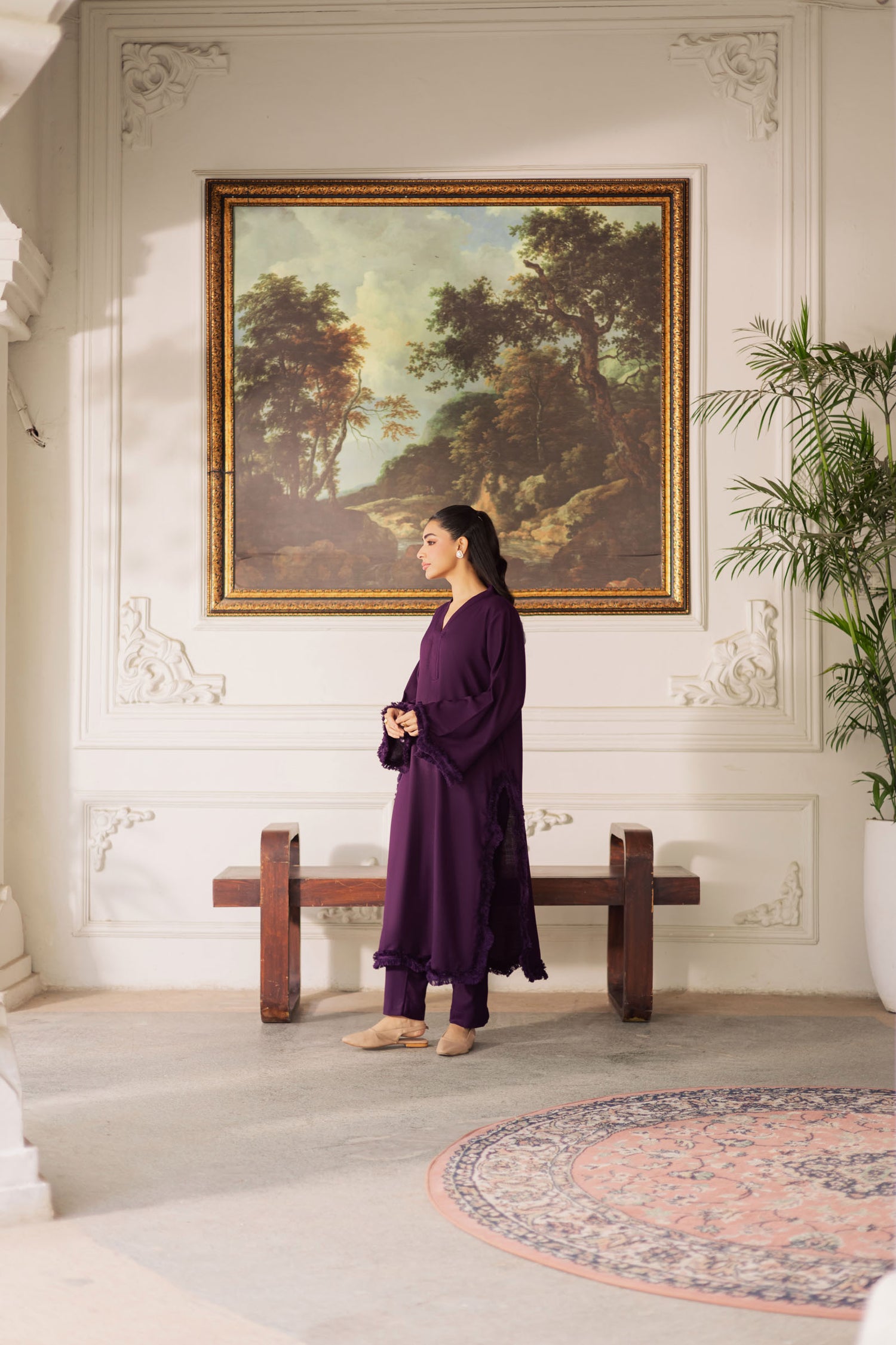 Solid Lace Work Dress-Dark Purple