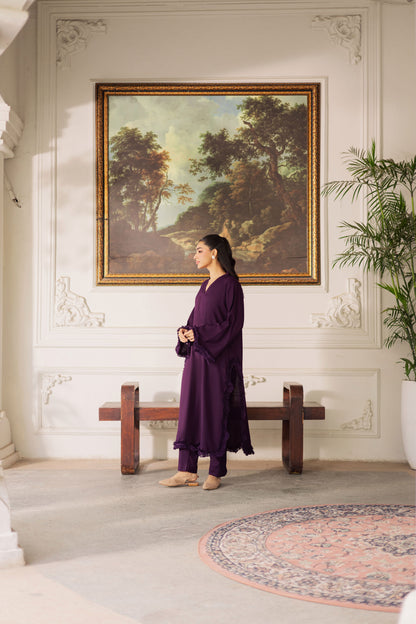 Solid Lace Work Dress-Dark Purple