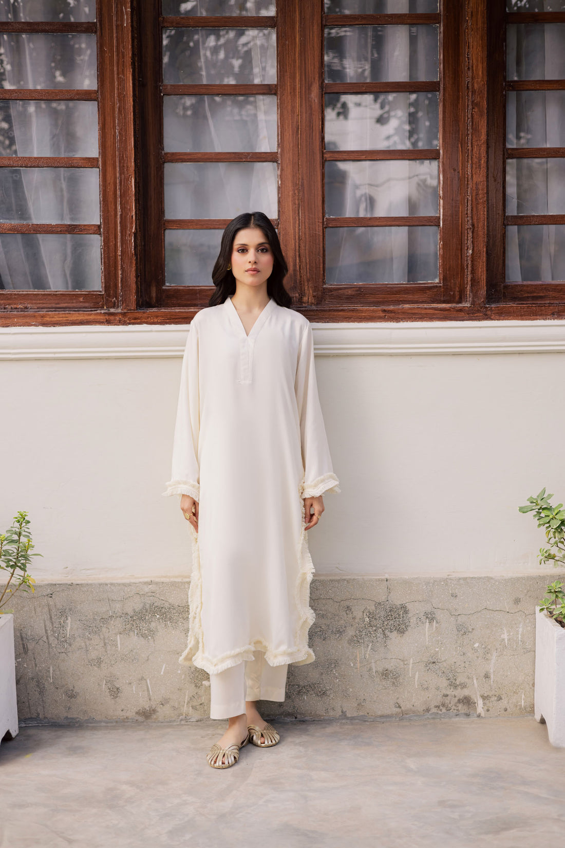 Solid Lace Work Dress-Cream