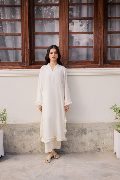 Solid Lace Work Dress-Cream