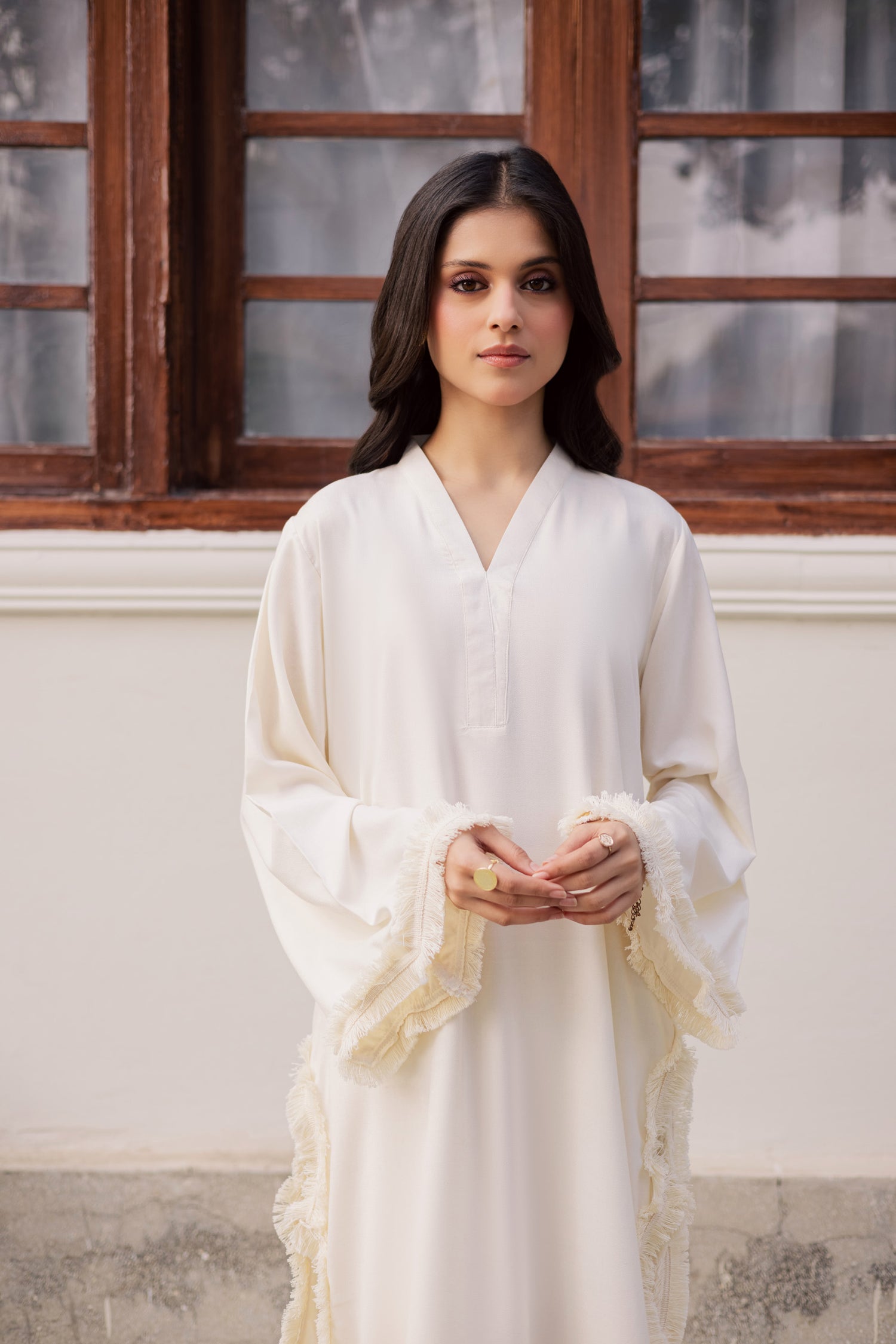 Solid Lace Work Dress-Cream