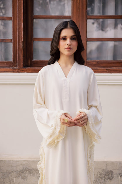 Solid Lace Work Dress-Cream