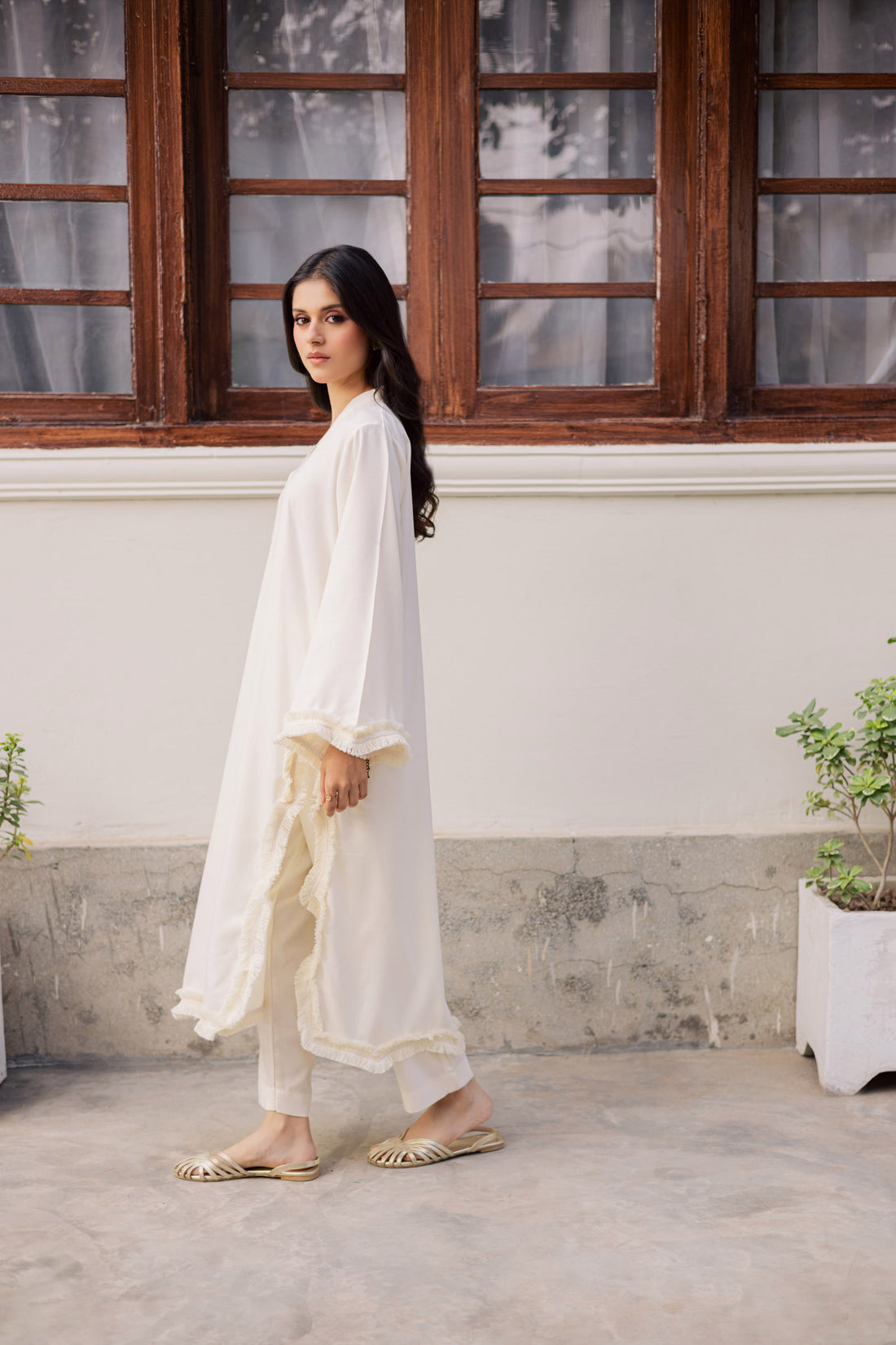 Solid Lace Work Dress-Cream