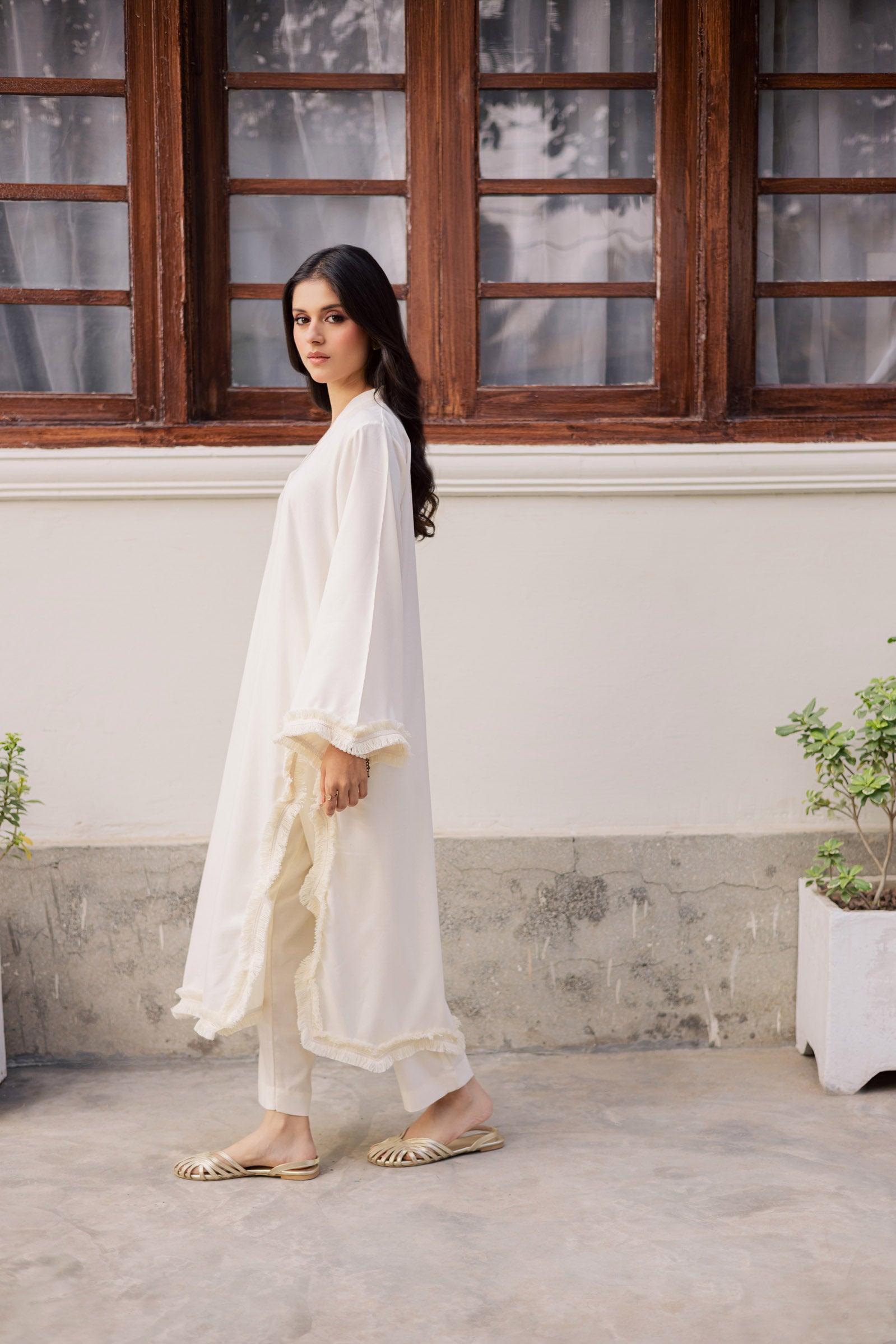 Solid Lace Work Dress-Cream