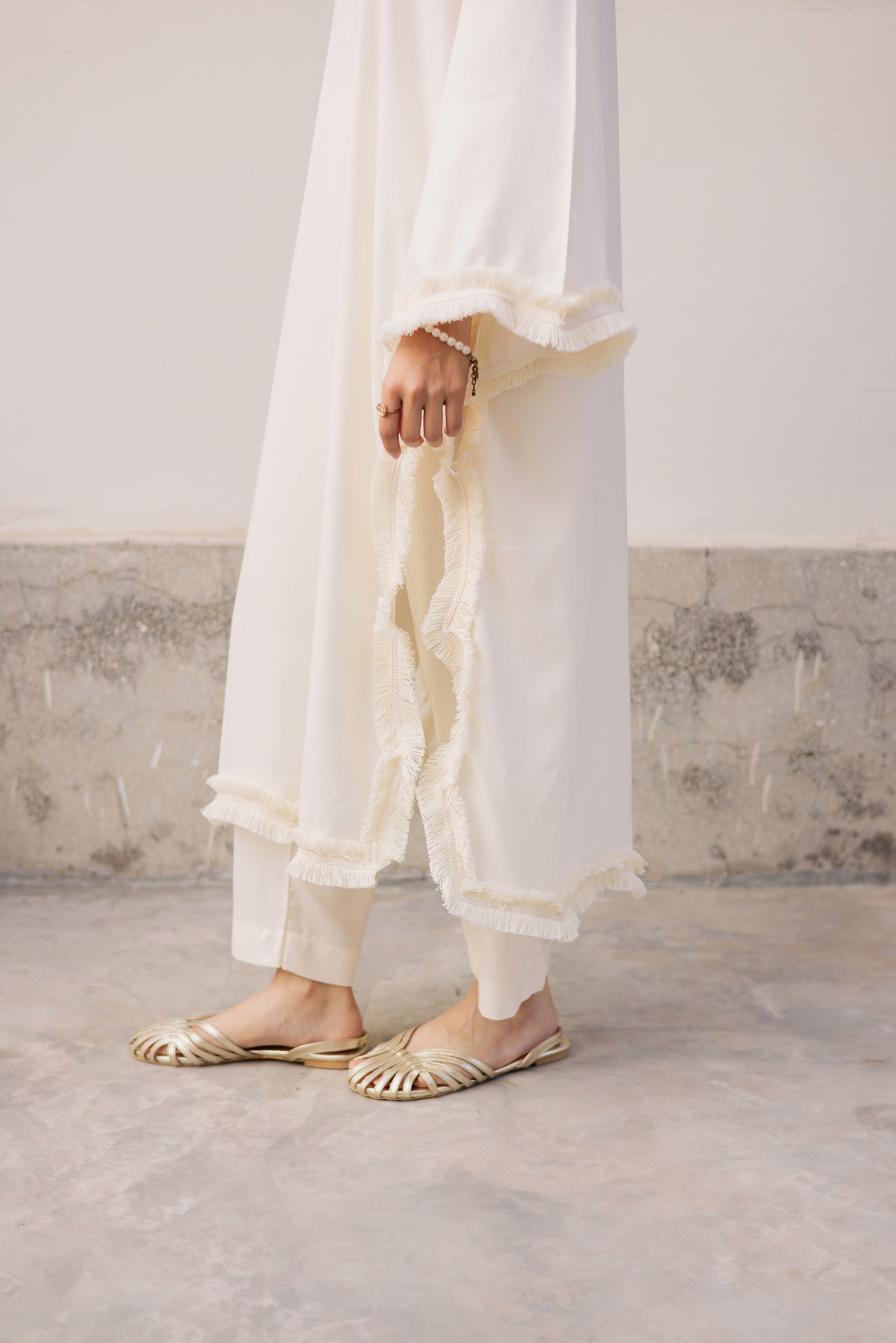 Solid Lace Work Dress-Cream