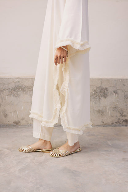 Solid Lace Work Dress-Cream