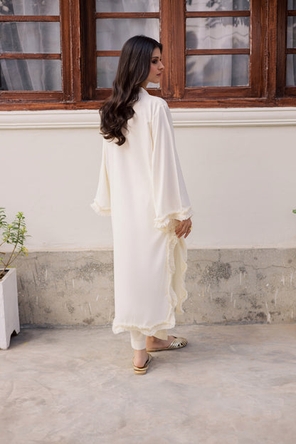 Solid Lace Work Dress-Cream