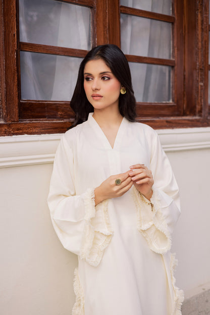 Solid Lace Work Dress-Cream