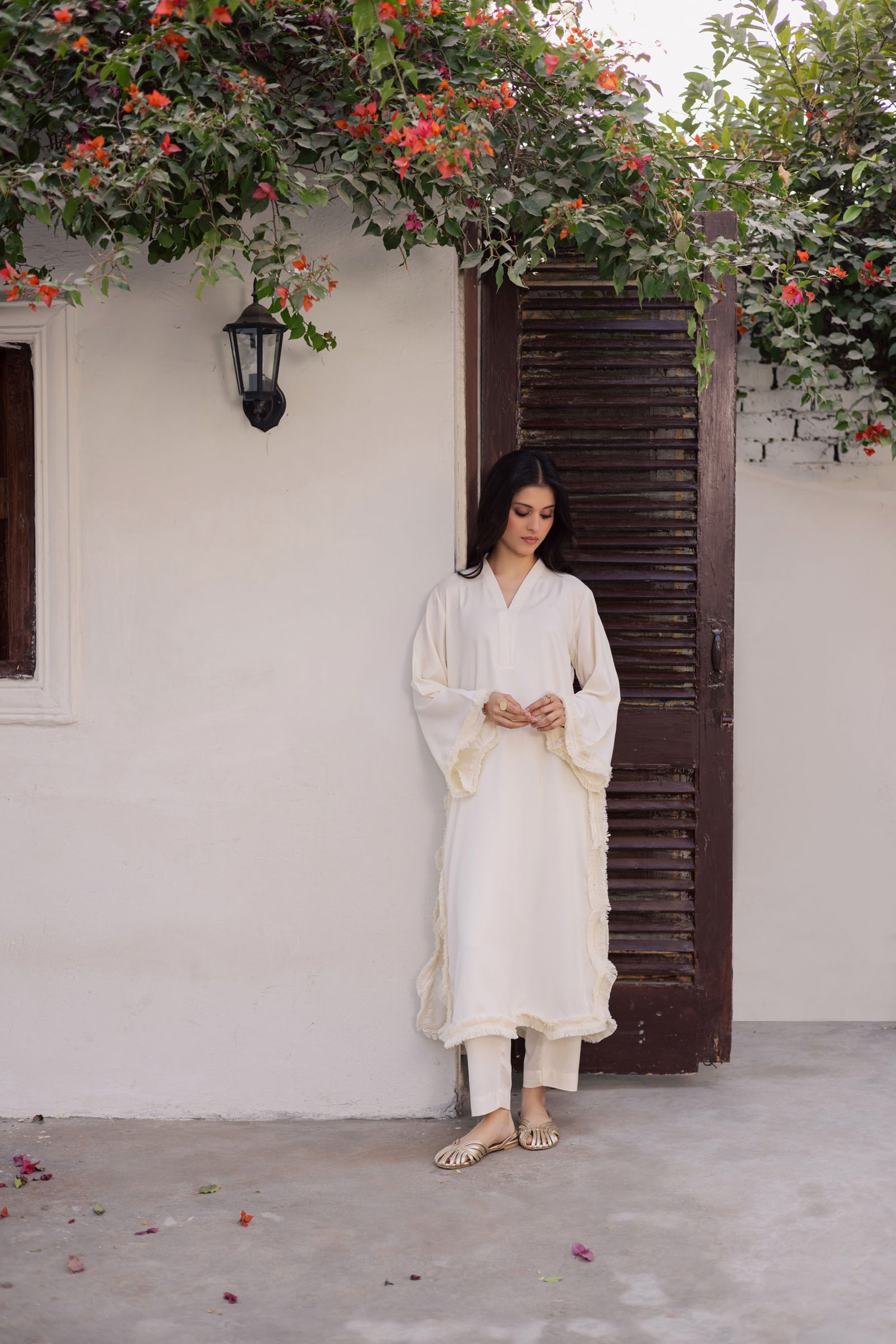 Solid Lace Work Dress-Cream