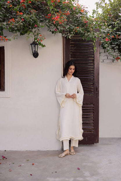 Solid Lace Work Dress-Cream