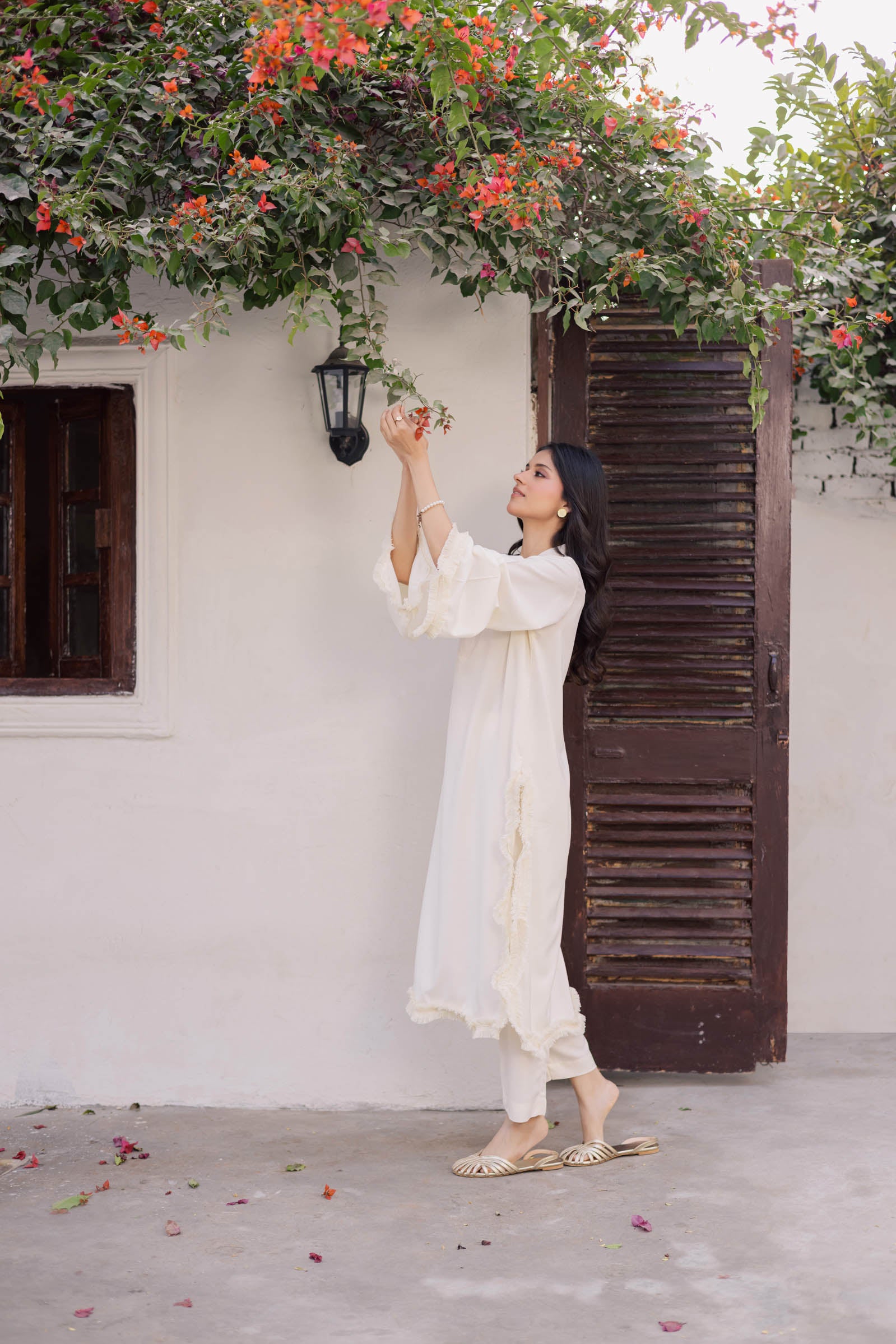 Solid Lace Work Dress-Cream