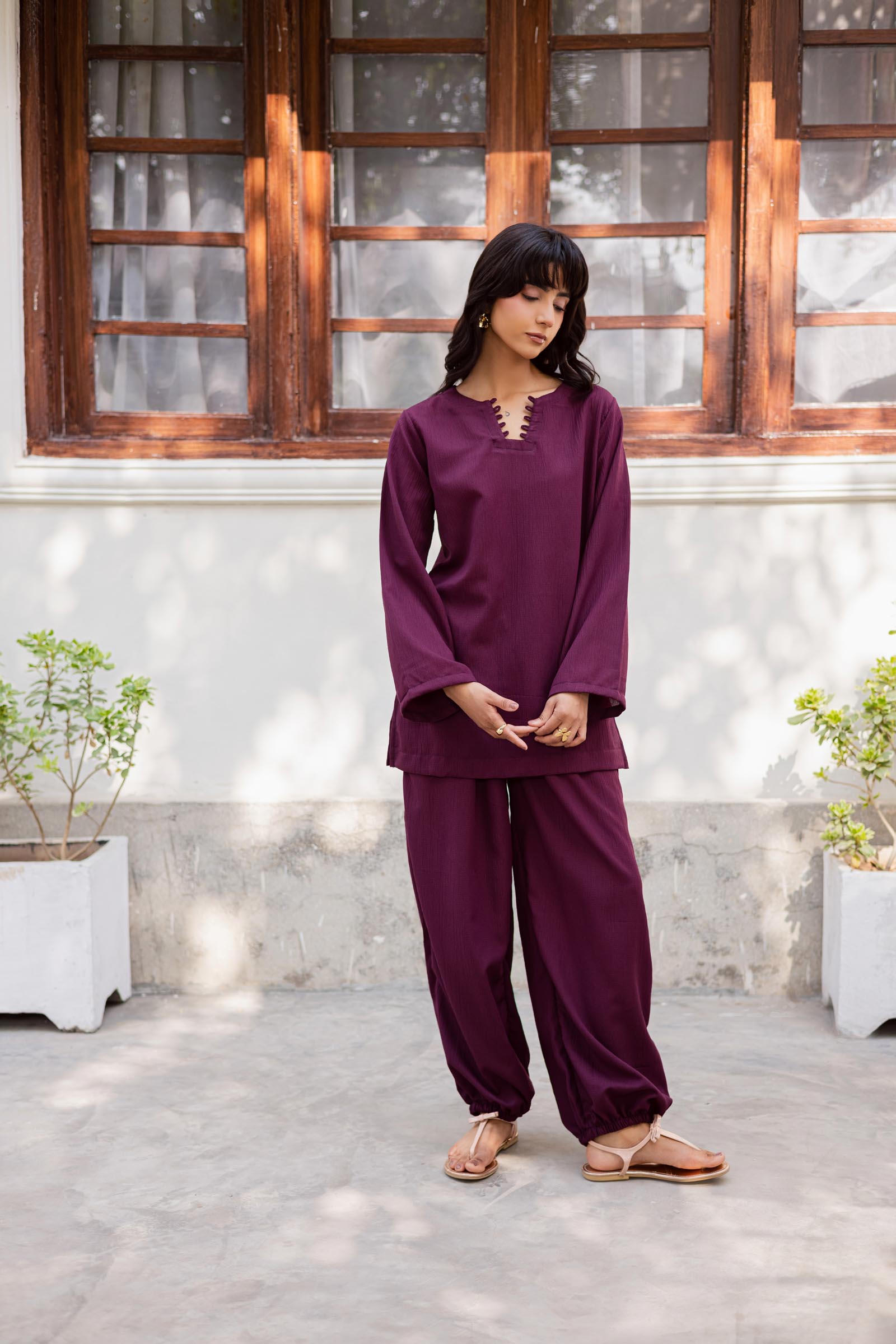 2PC Textured Dress-SB-Dark Plum