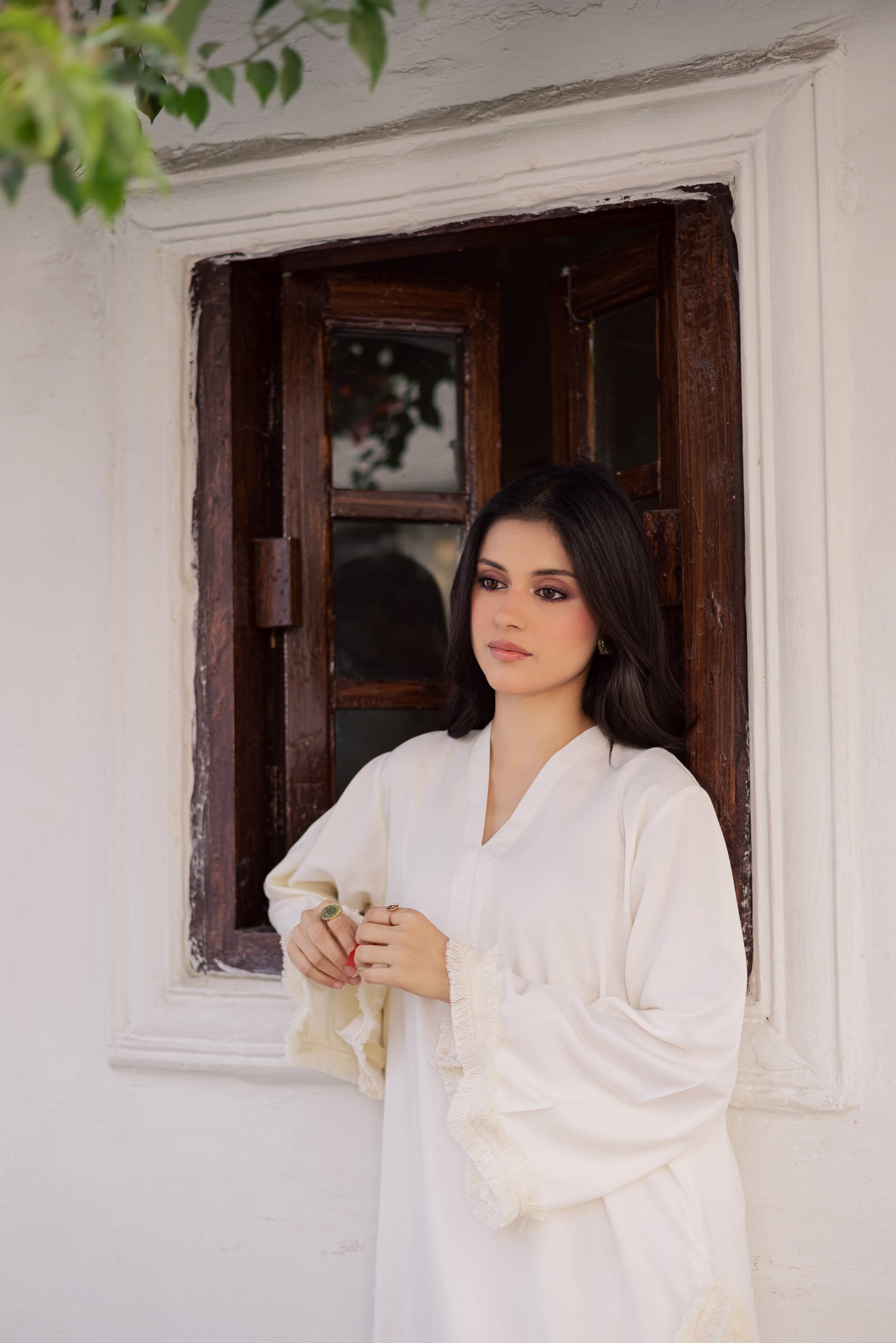 Solid Lace Work Dress-Cream