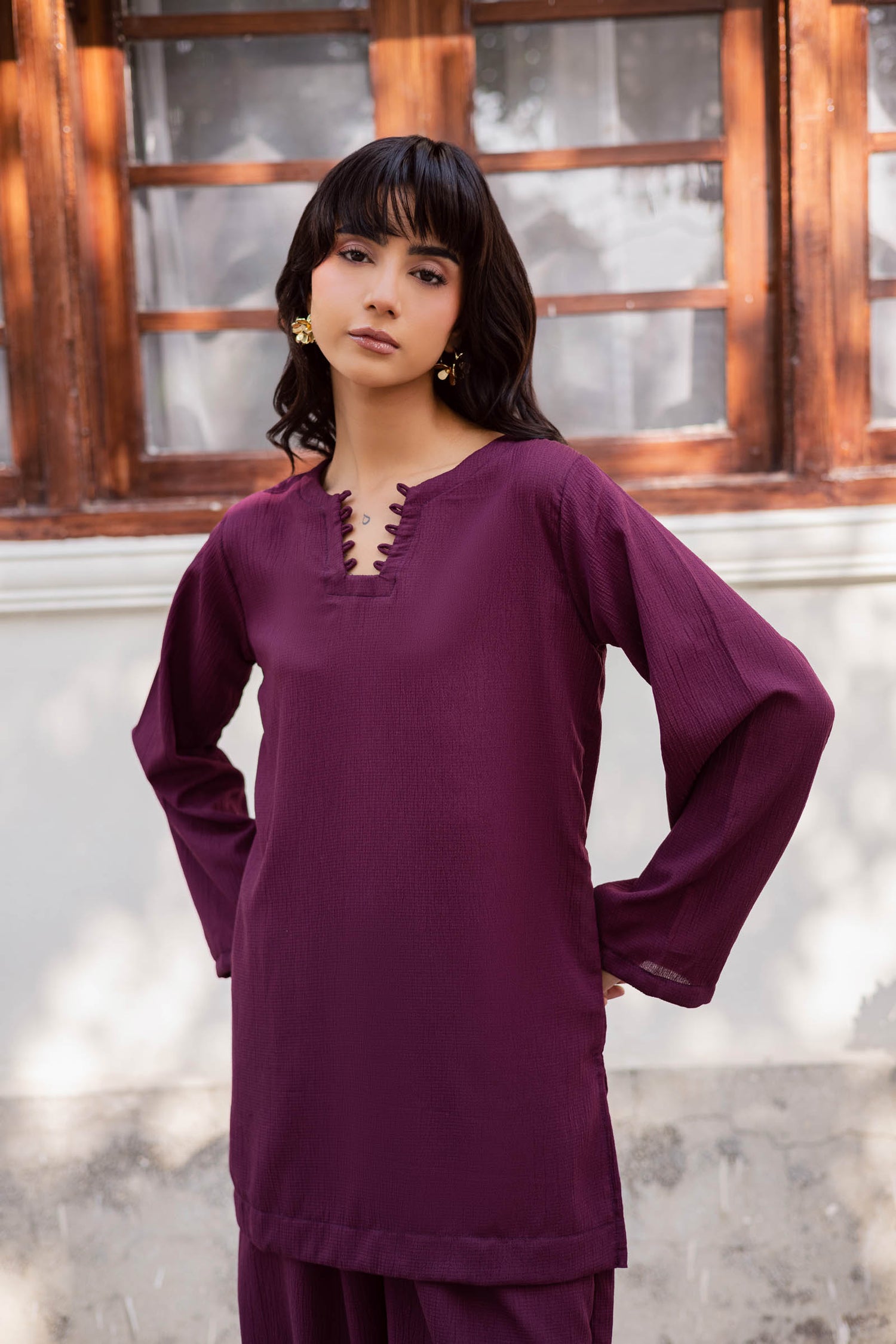 2PC Textured Dress-SB-Dark Plum