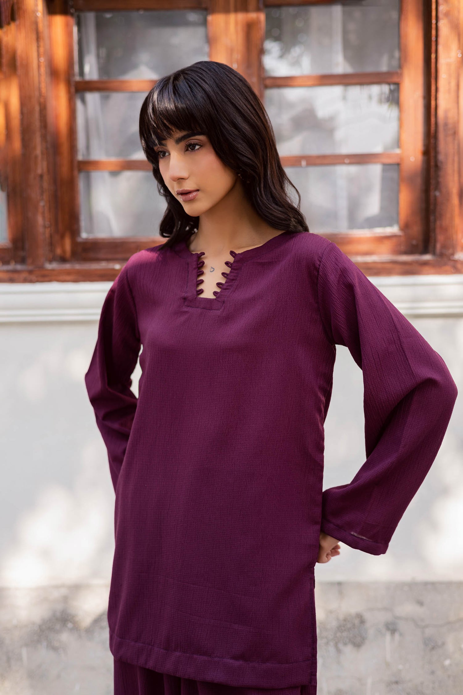 2PC Textured Dress-SB-Dark Plum
