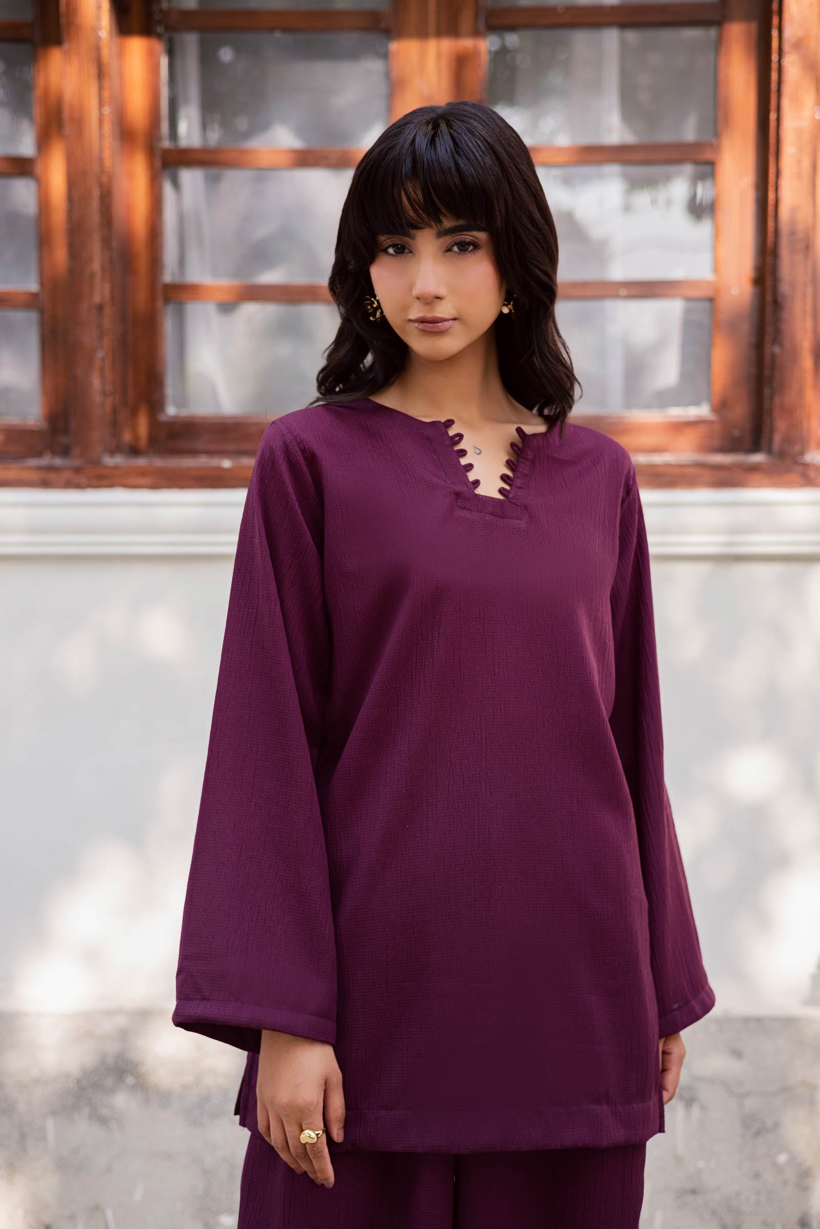 2PC Textured Dress-SB-Dark Plum