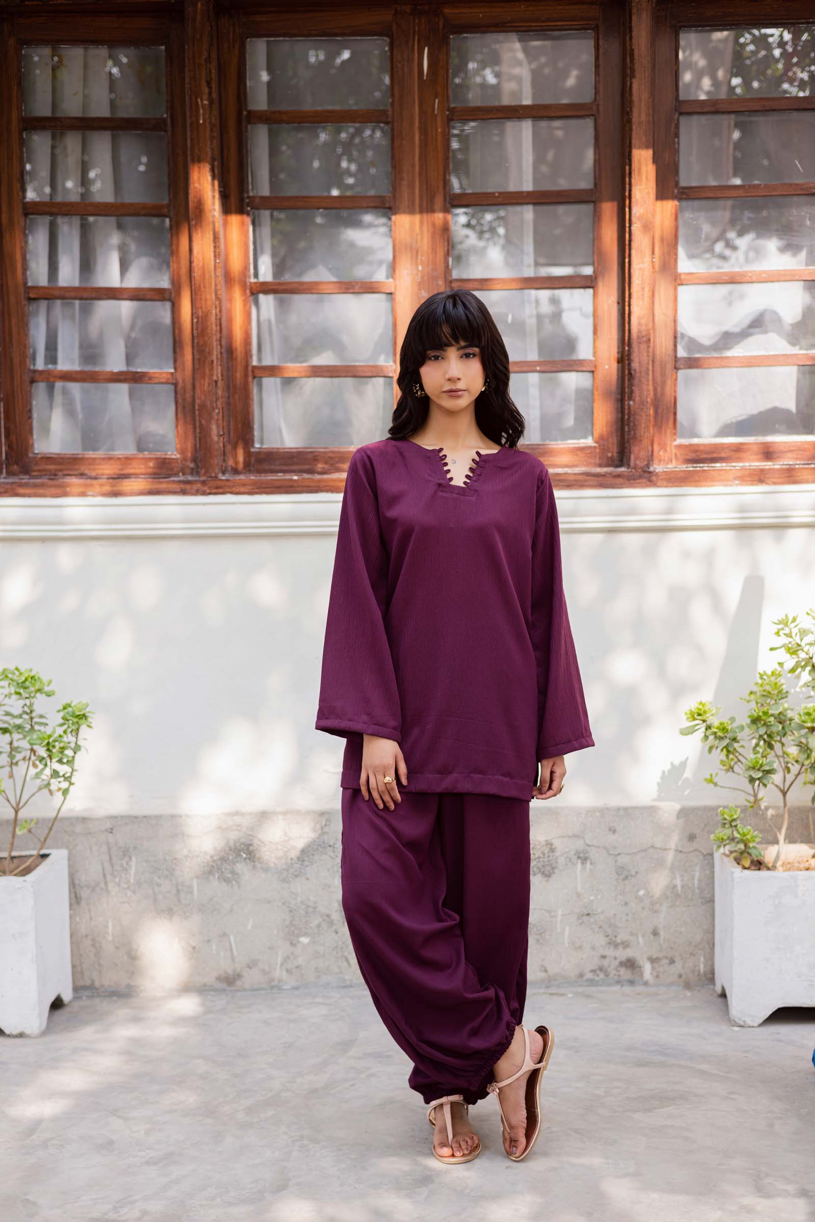 2PC Textured Dress-SB-Dark Plum