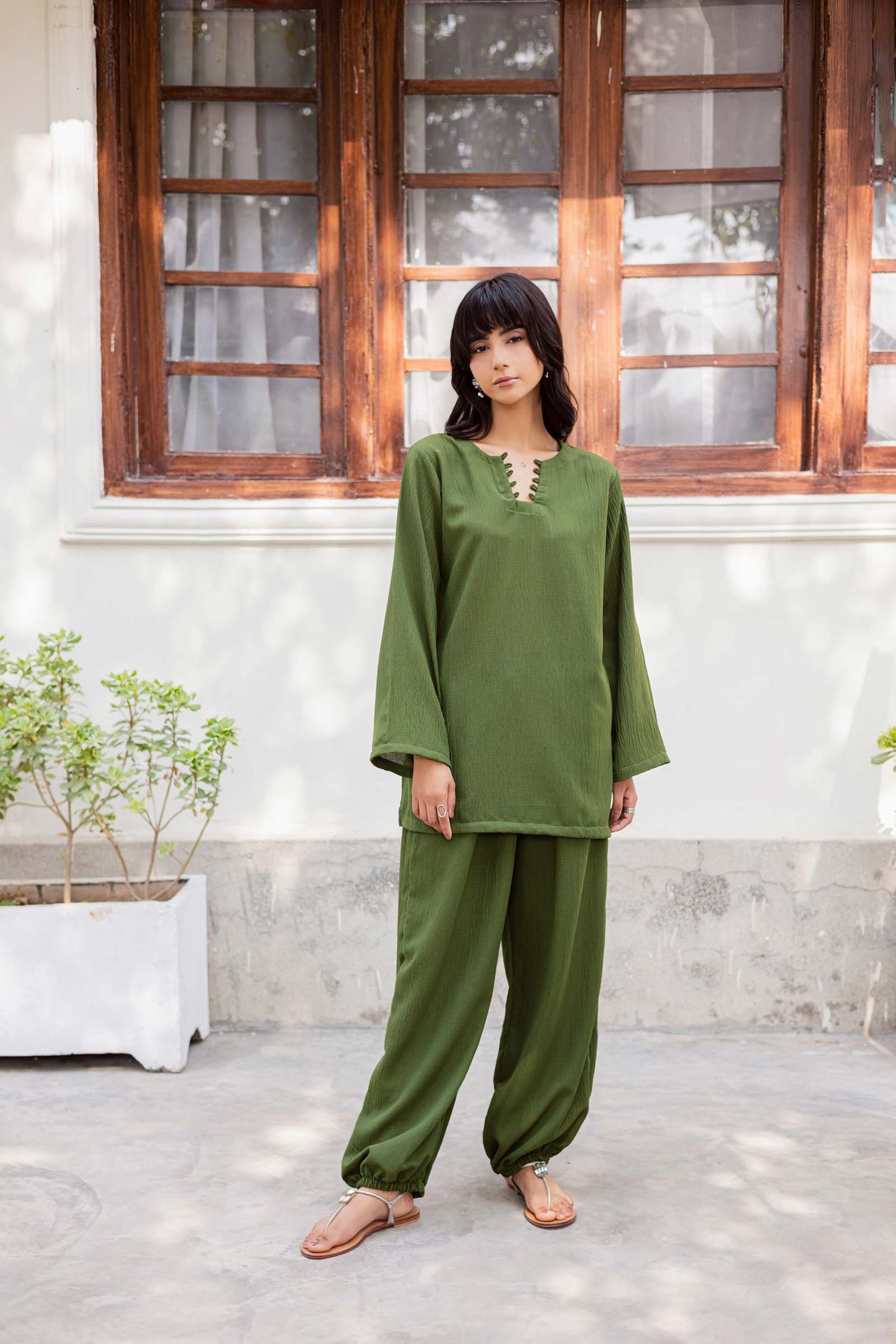 2PC Textured Dress-SB-Olive Green
