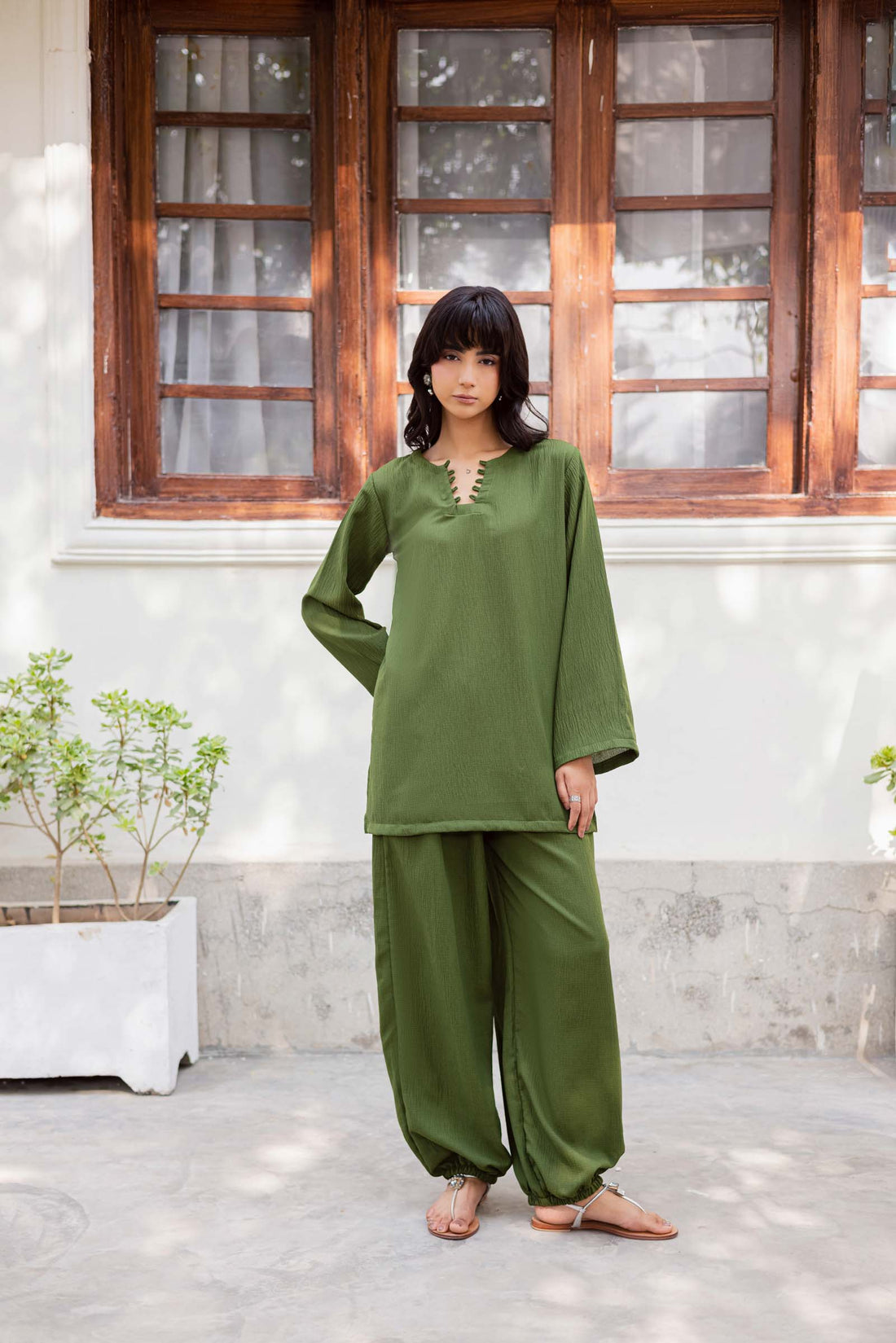2PC Textured Dress-SB-Olive Green