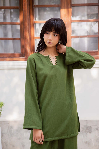 2PC Textured Dress-SB-Olive Green