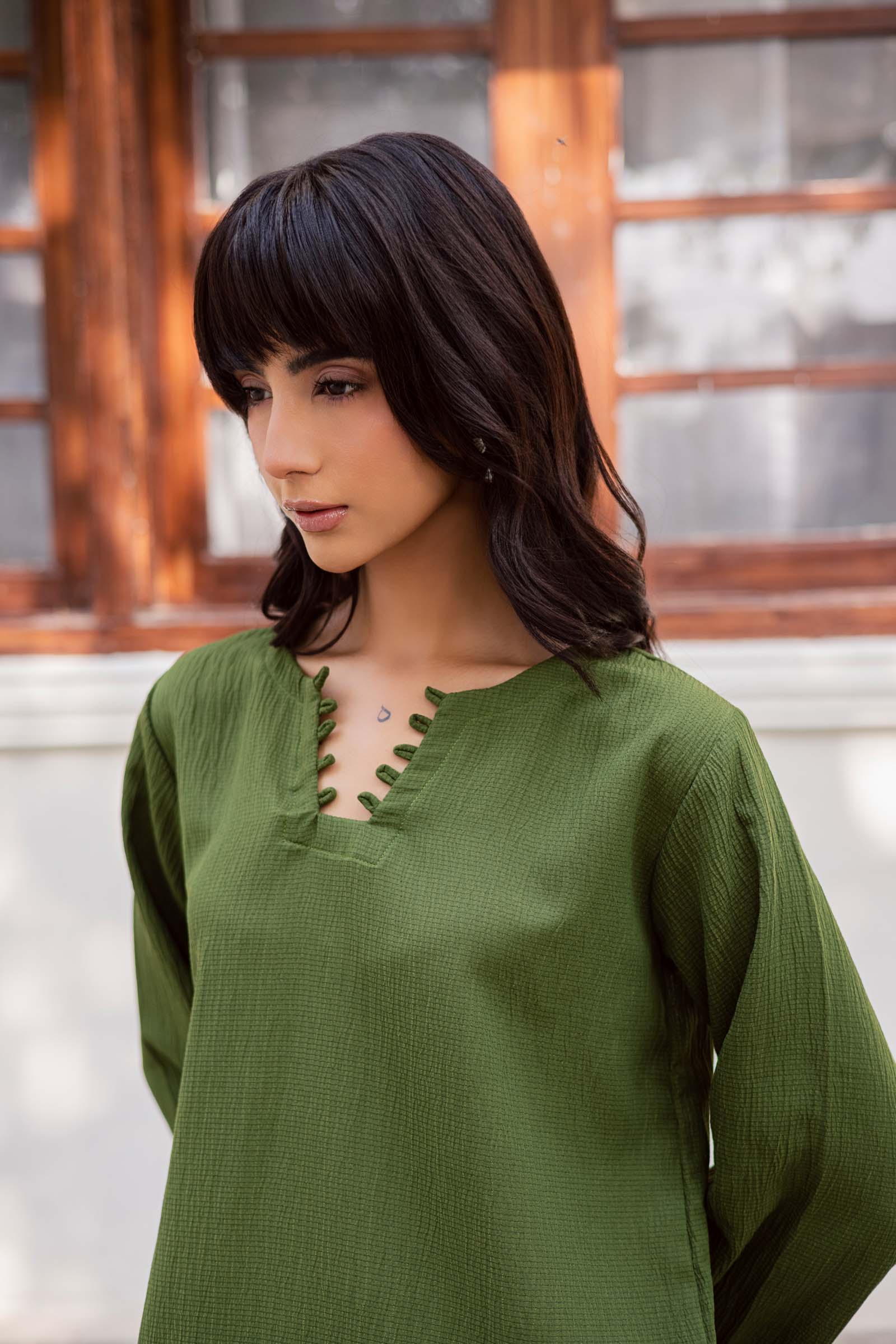2PC Textured Dress-SB-Olive Green