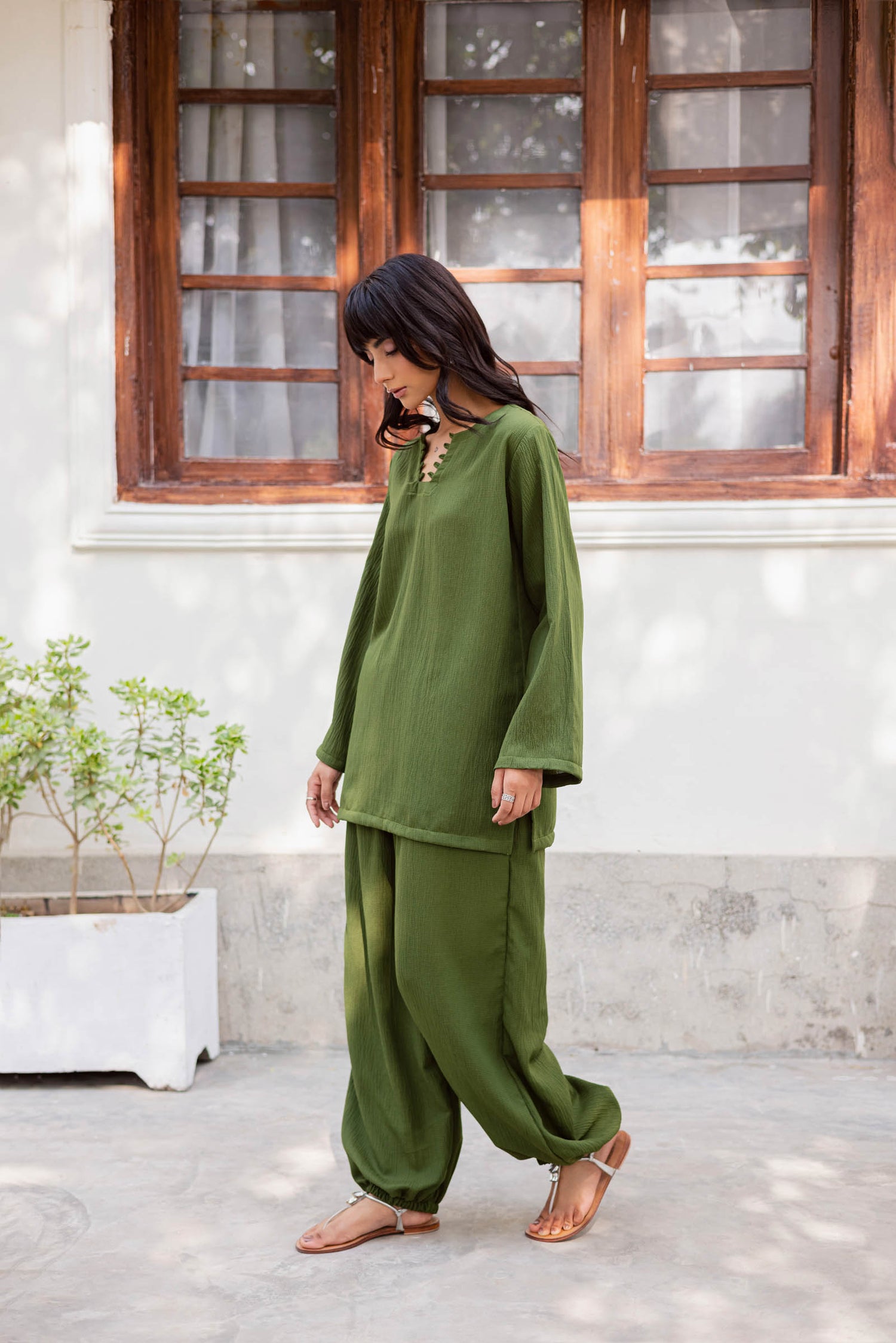 2PC Textured Dress-SB-Olive Green