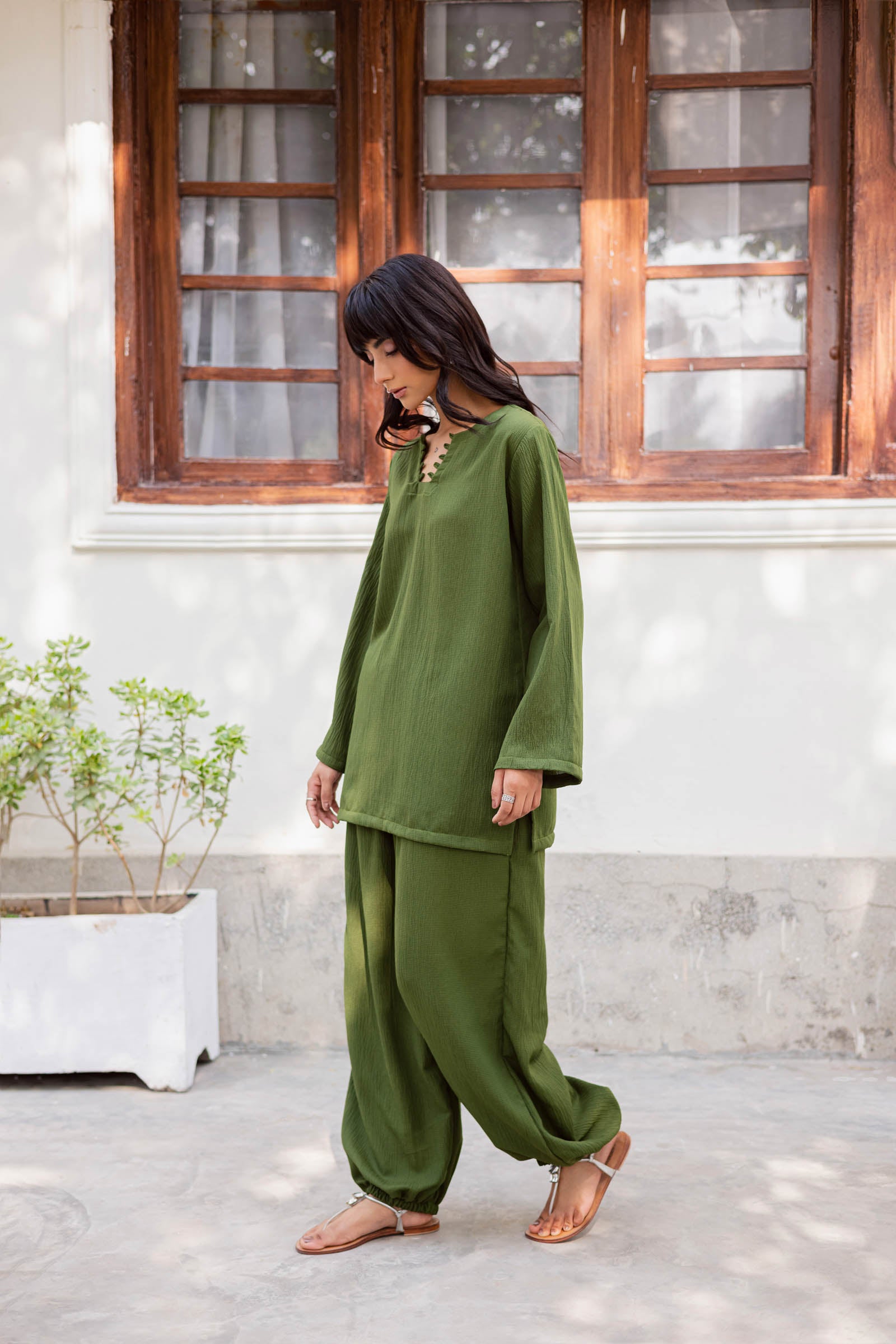 2PC Textured Dress-SB-Olive Green