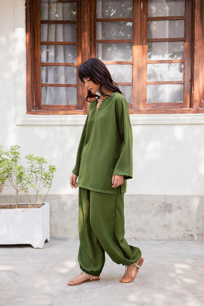 2PC Textured Dress-SB-Olive Green
