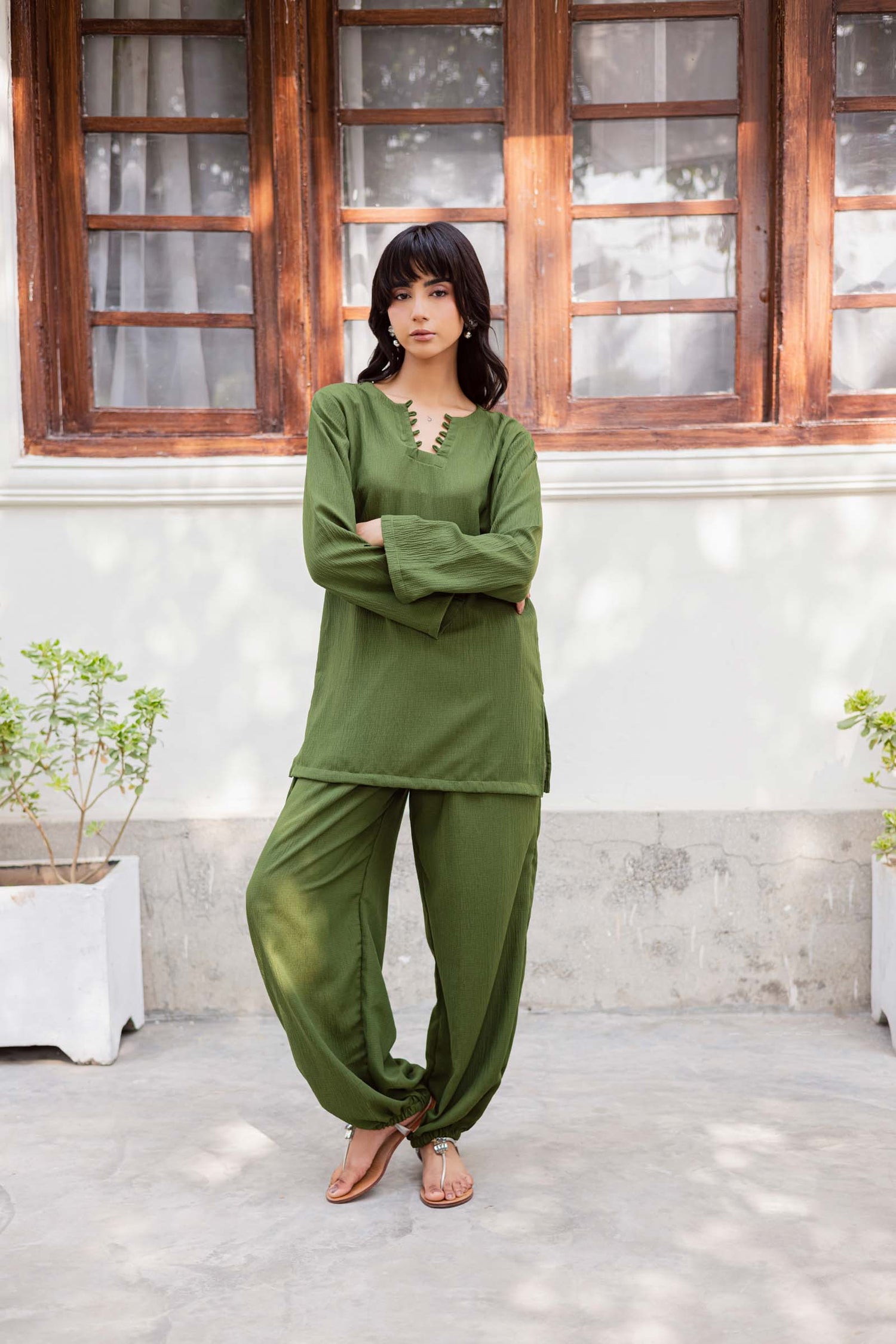 2PC Textured Dress-SB-Olive Green