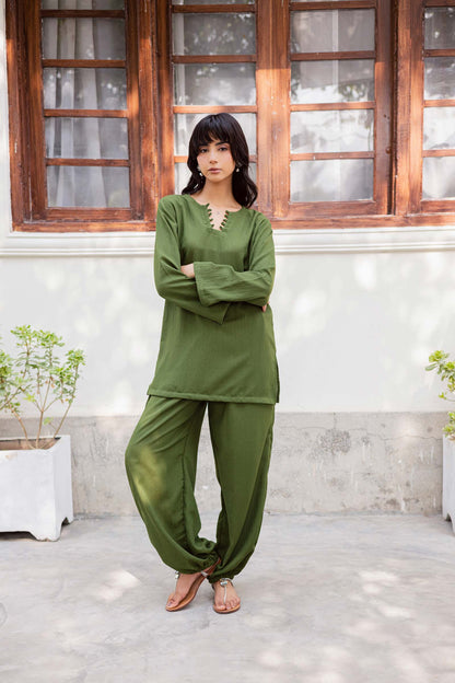 2PC Textured Dress-SB-Olive Green