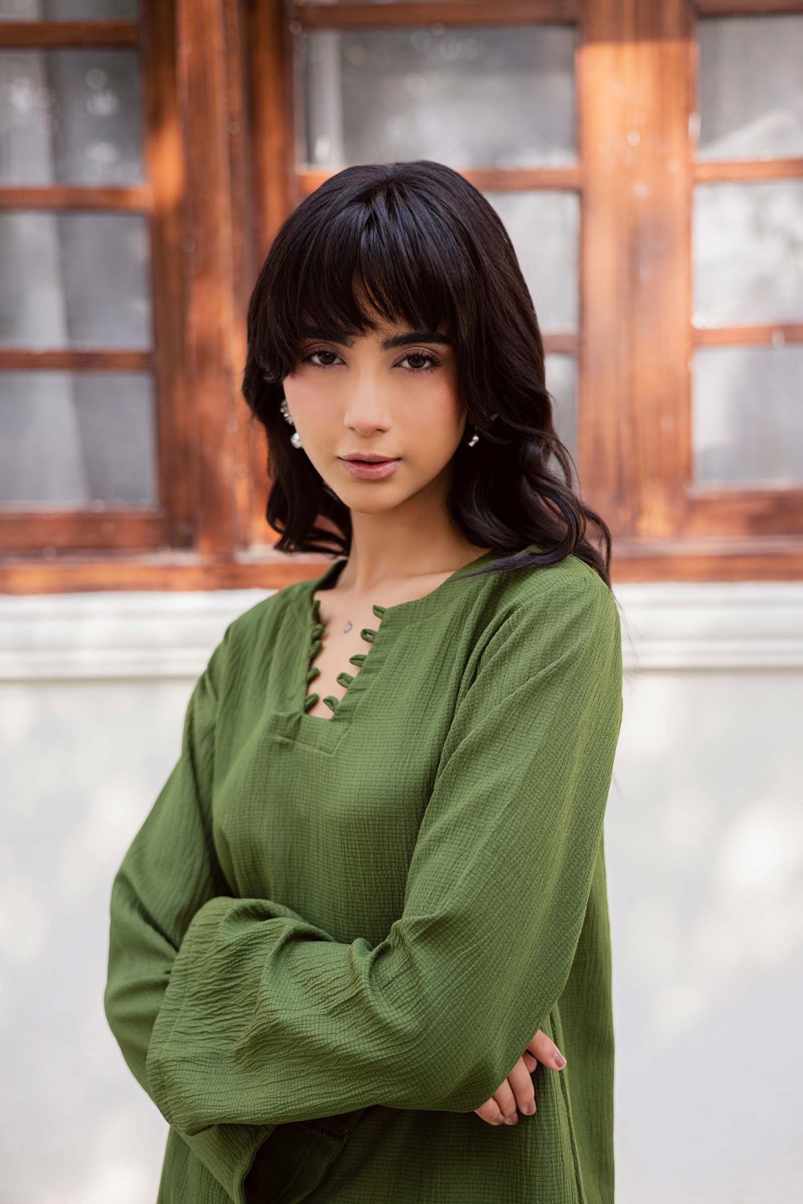 2PC Textured Dress-SB-Olive Green