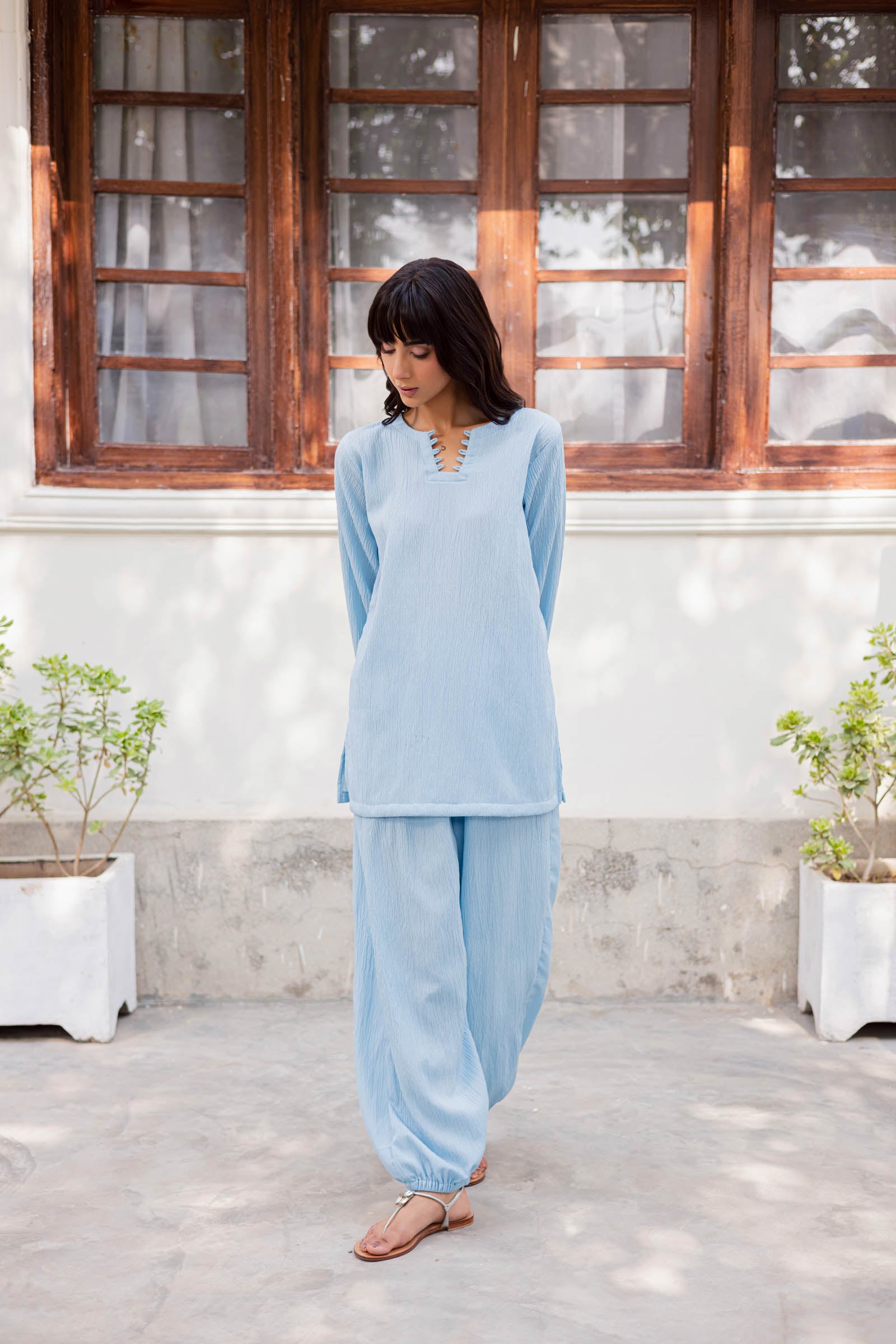 2PC Textured Dress-SB-Ice Blue