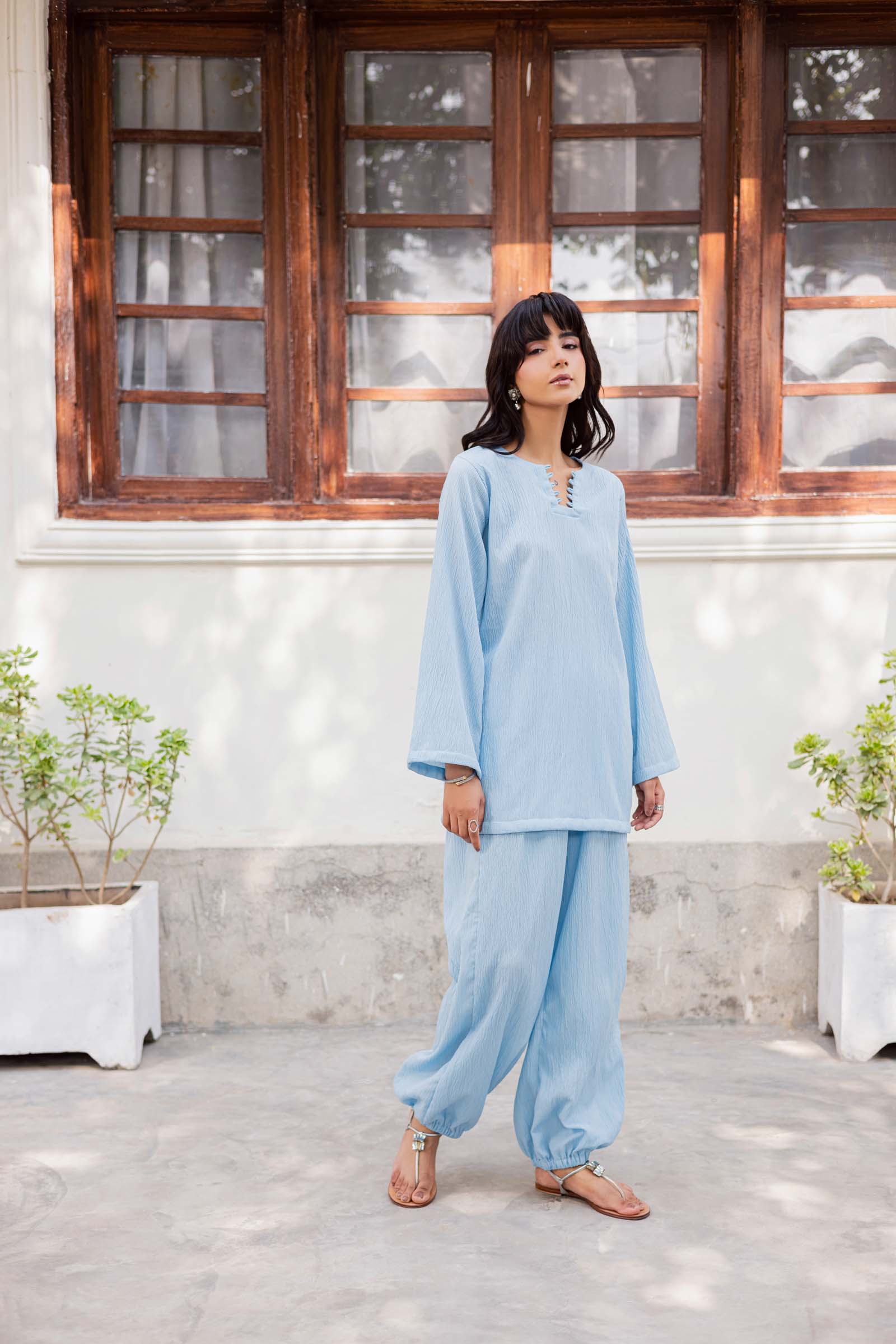 2PC Textured Dress-SB-Ice Blue