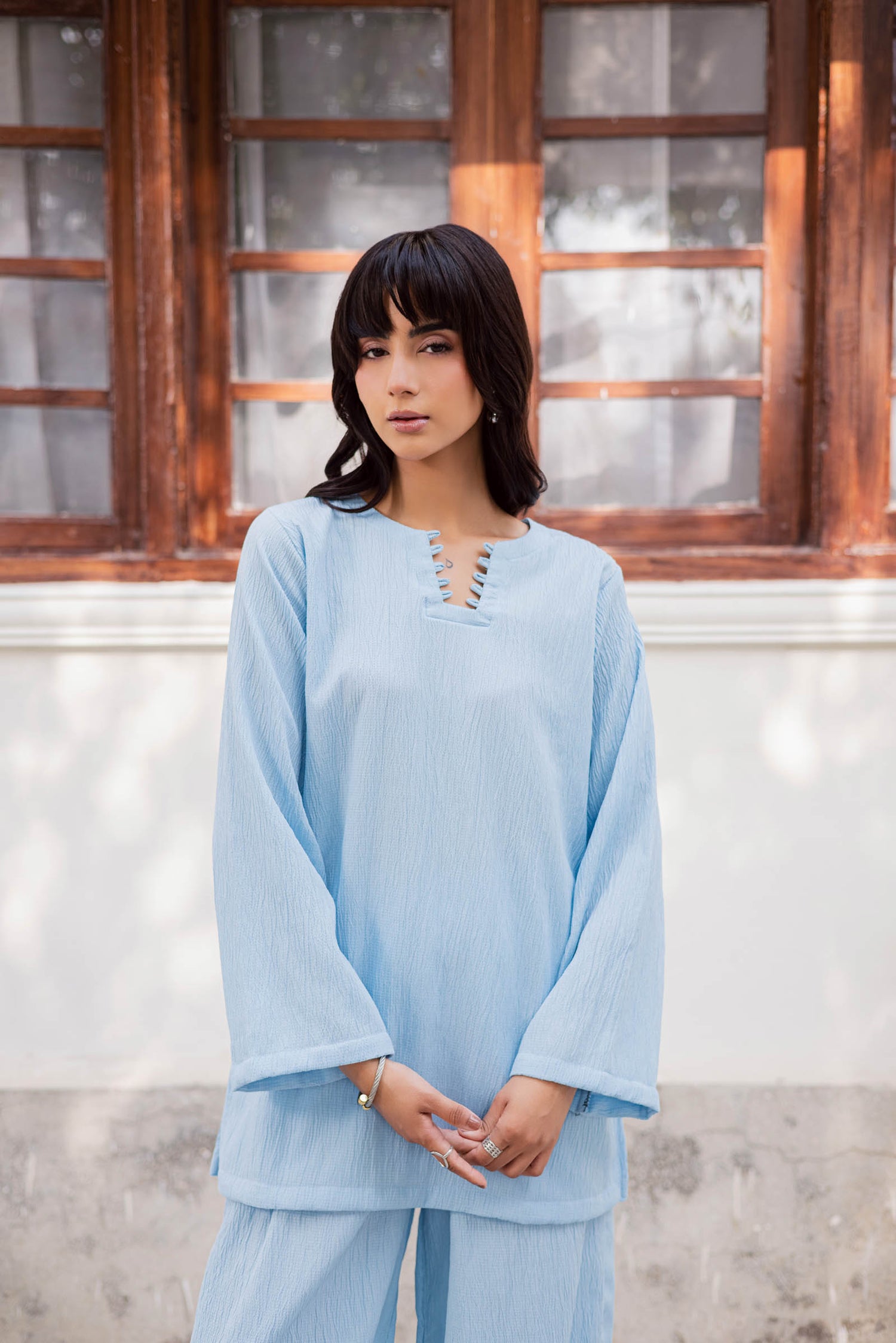 2PC Textured Dress-SB-Ice Blue