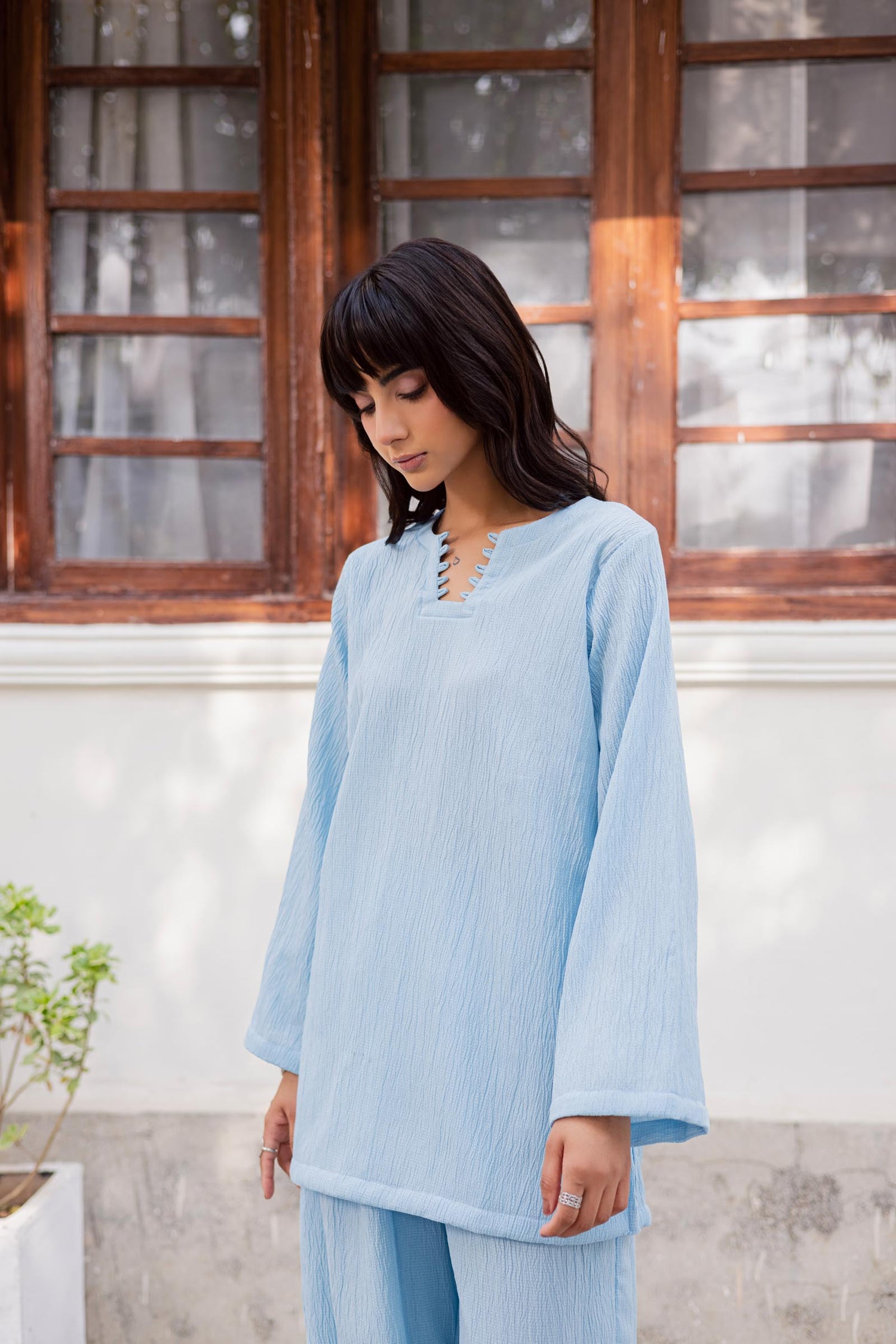 2PC Textured Dress-SB-Ice Blue