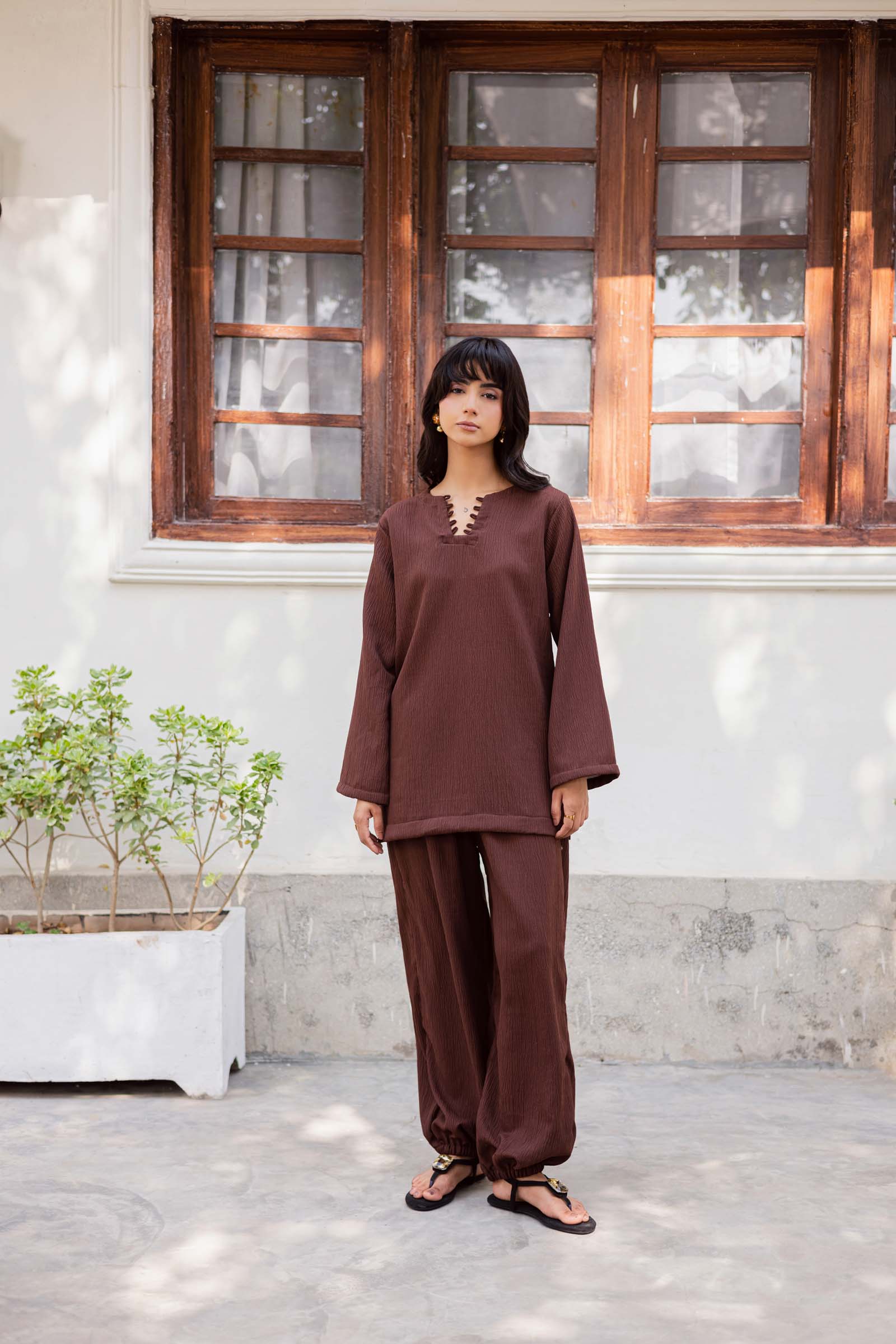 2PC Textured Dress-SB-Dark Brown