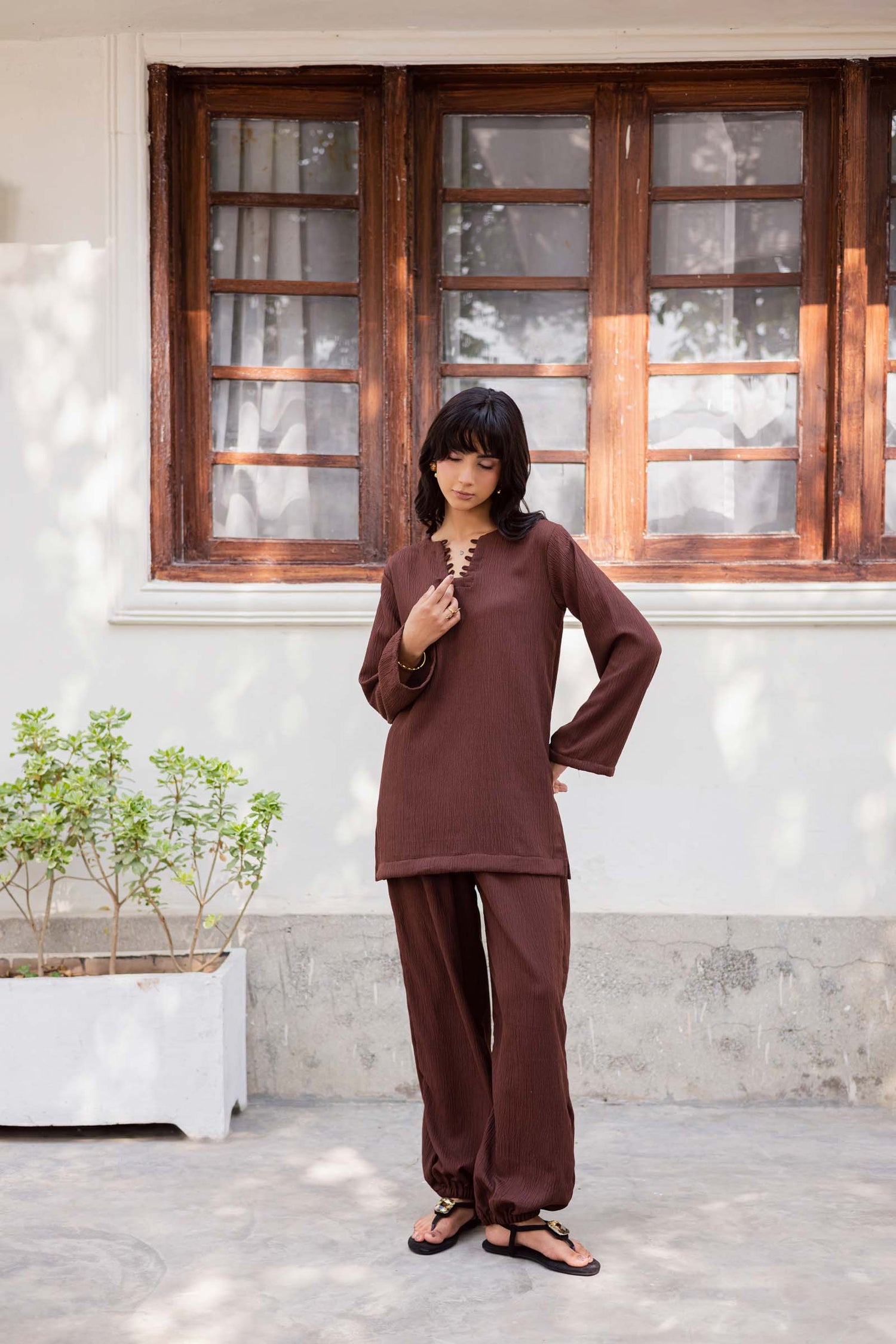 2PC Textured Dress-SB-Dark Brown