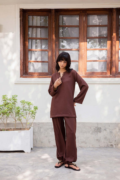 2PC Textured Dress-SB-Dark Brown