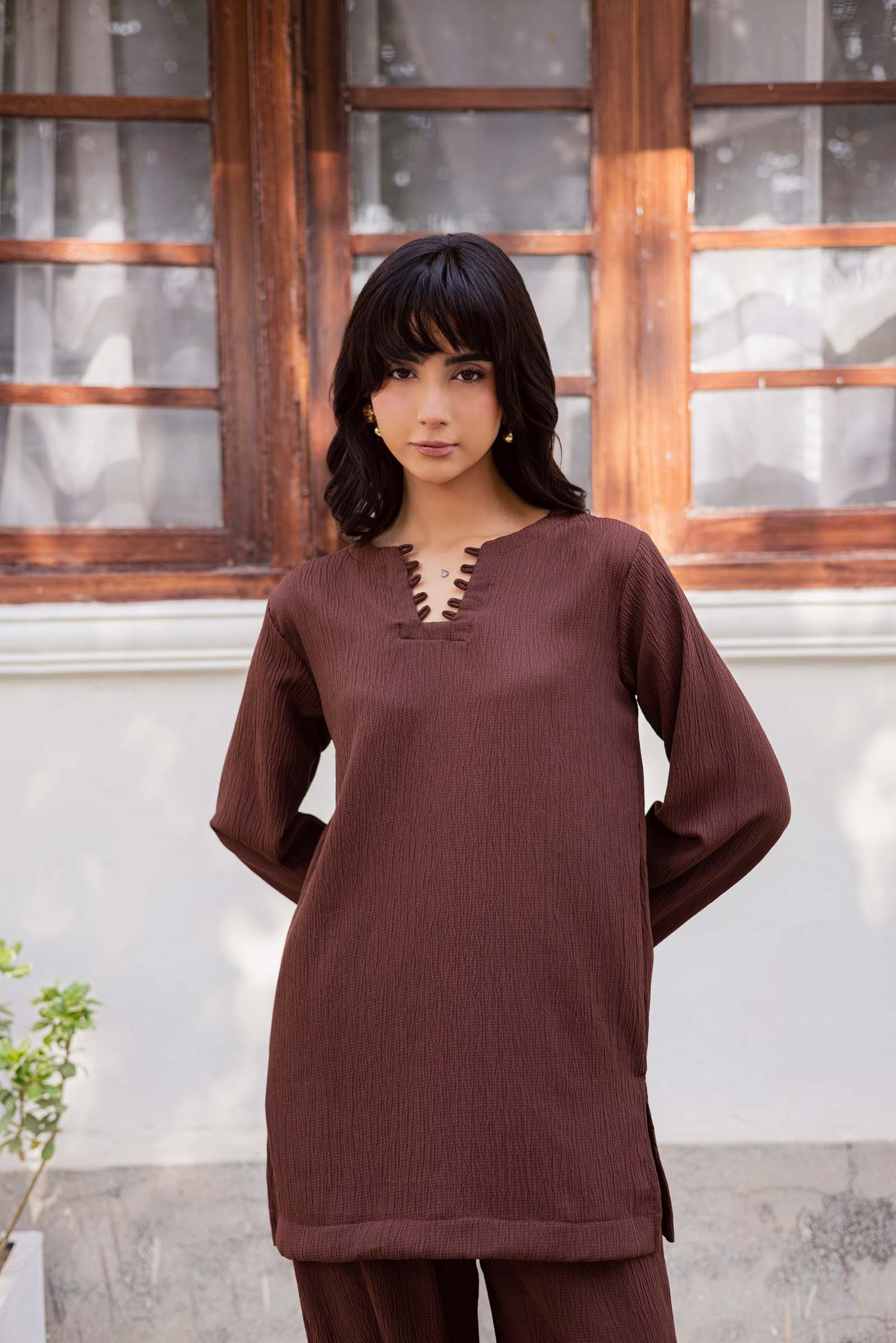 2PC Textured Dress-SB-Dark Brown