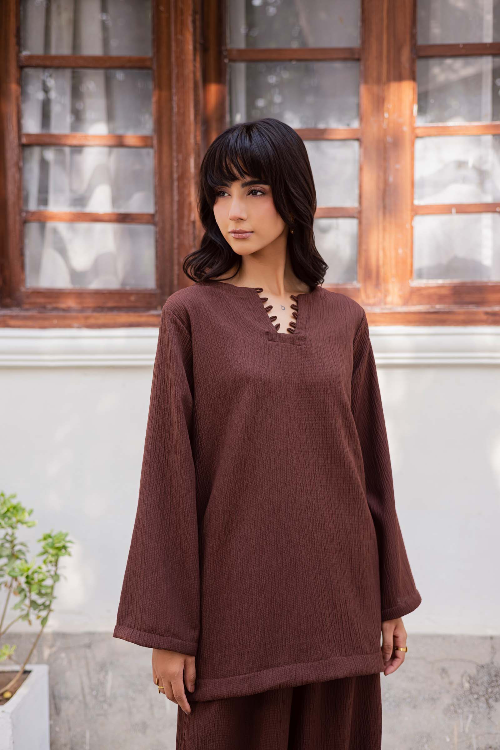 2PC Textured Dress-SB-Dark Brown