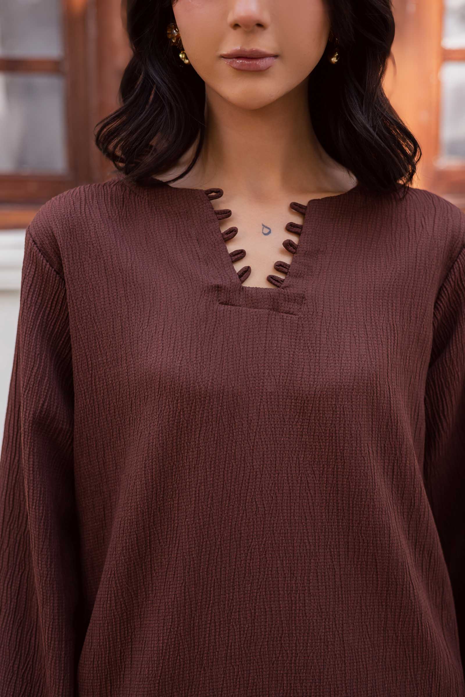 2PC Textured Dress-SB-Dark Brown