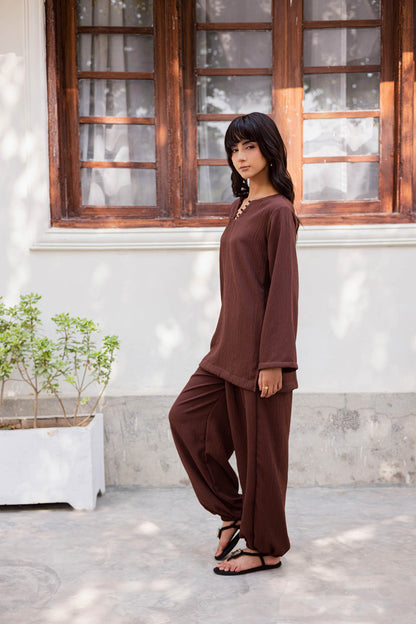 2PC Textured Dress-SB-Dark Brown